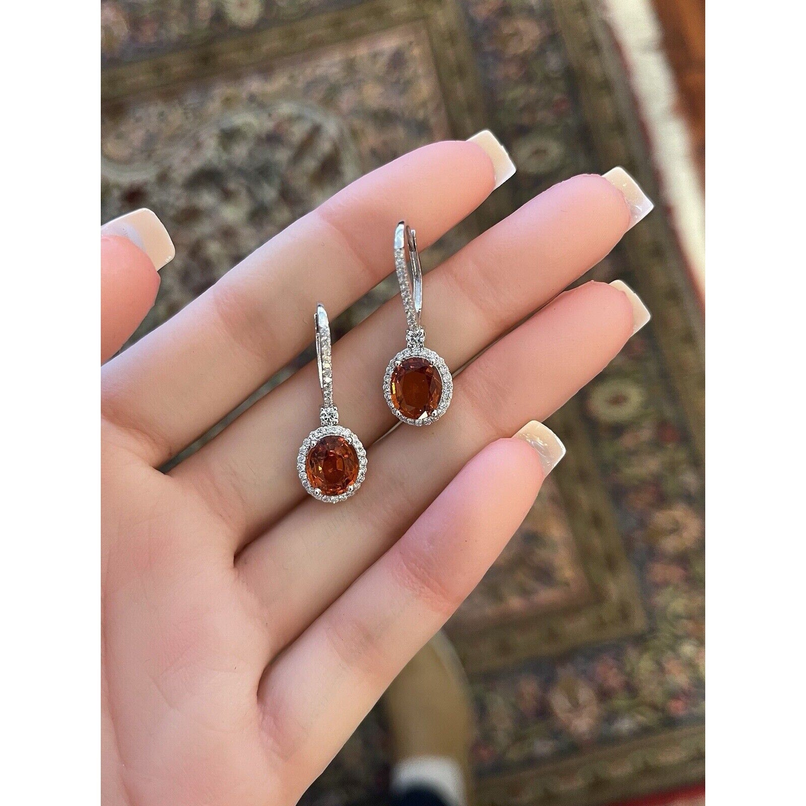 Spessartite Garnet and Diamond Drop Earrings in 18k White Gold