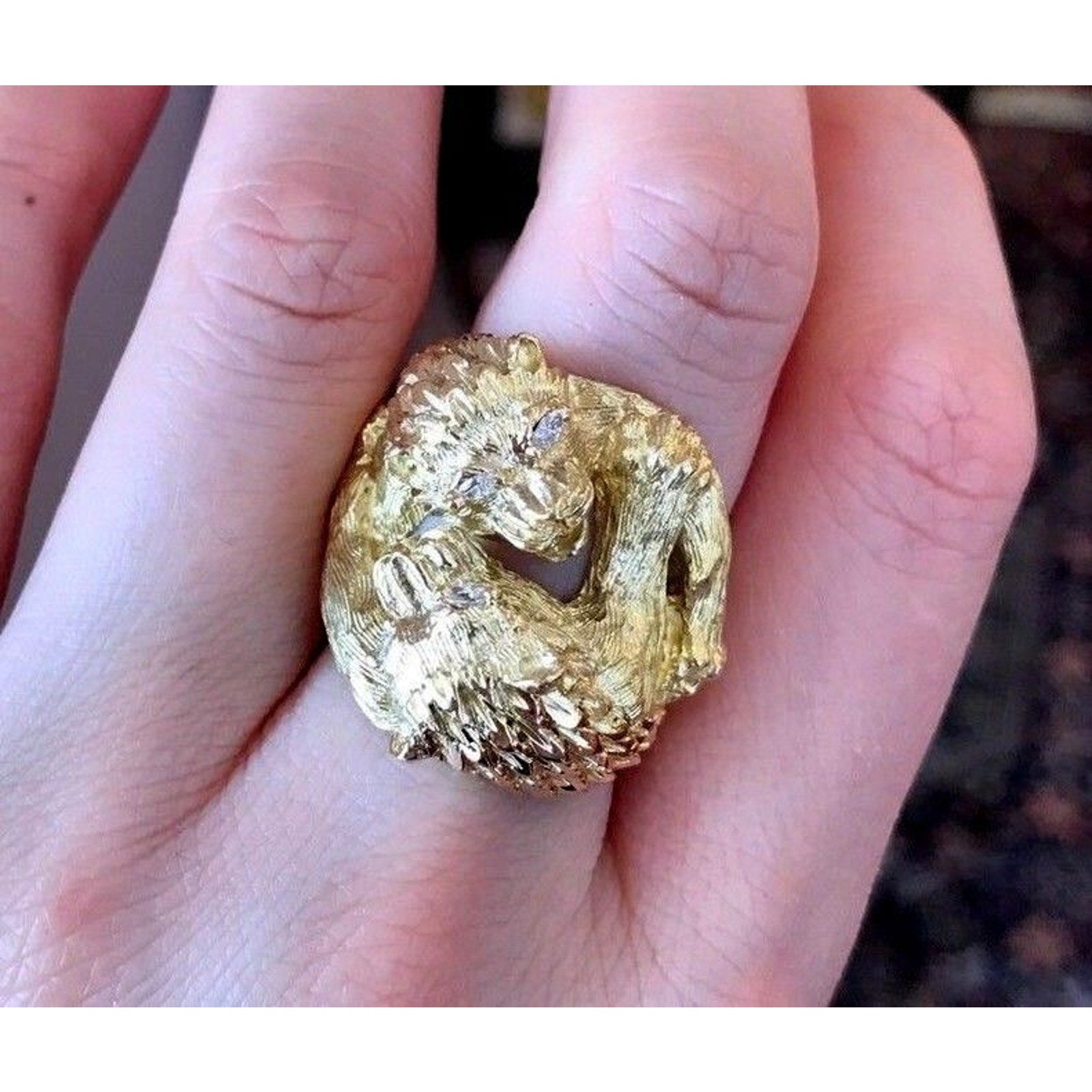 FRENCH Double Lion Heavy Textured Ring with Diamonds in 18k Yellow Gold