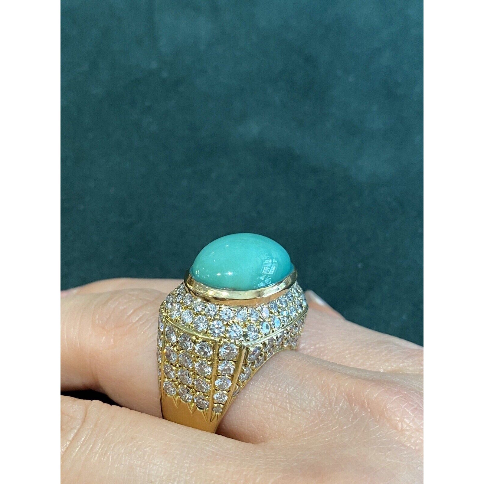 Large Estate Pave Diamond and Turquoise Dome Ring in 18k Yellow Gold - HM1799EE