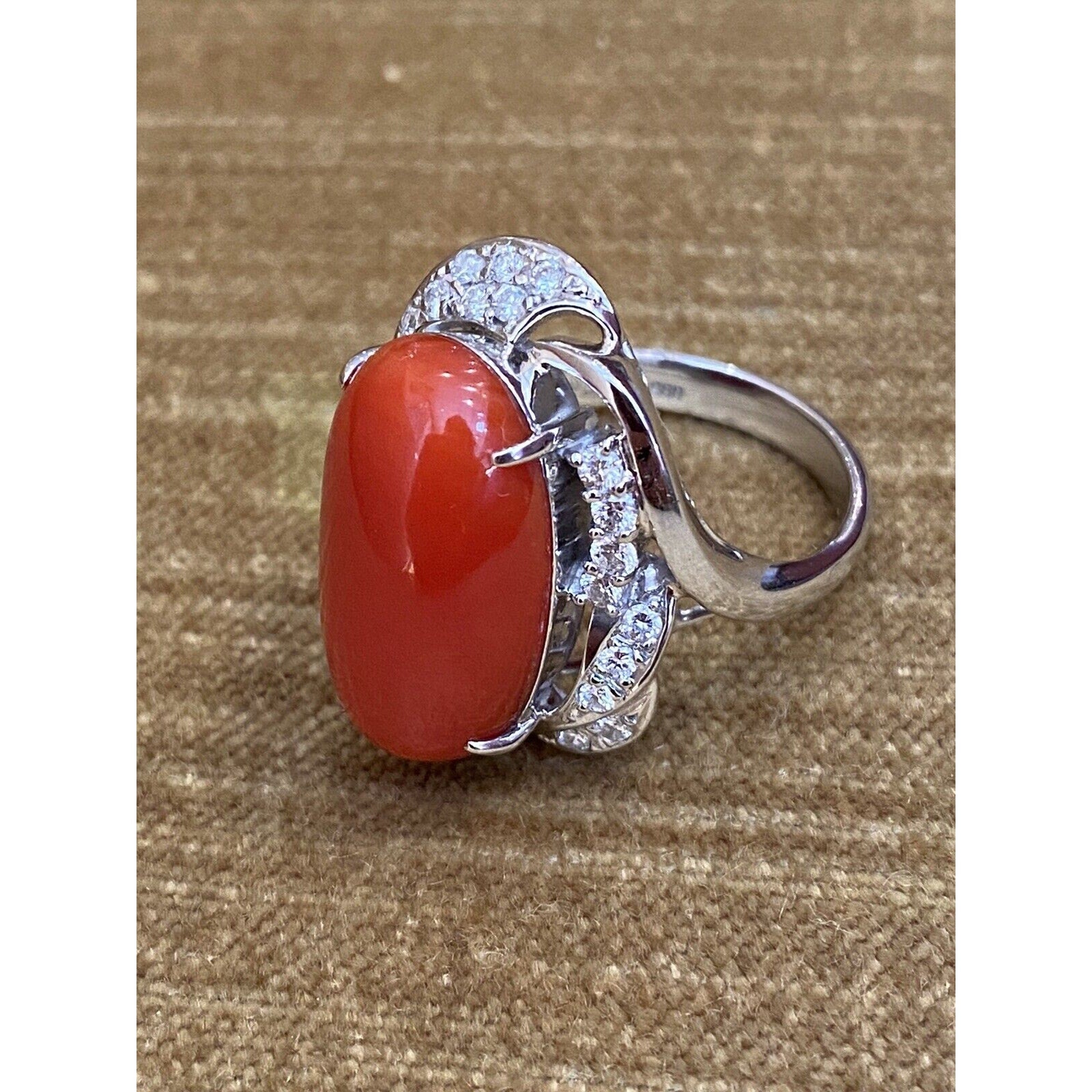 Estate Oval Coral and Diamond Cocktail Ring in Platinum