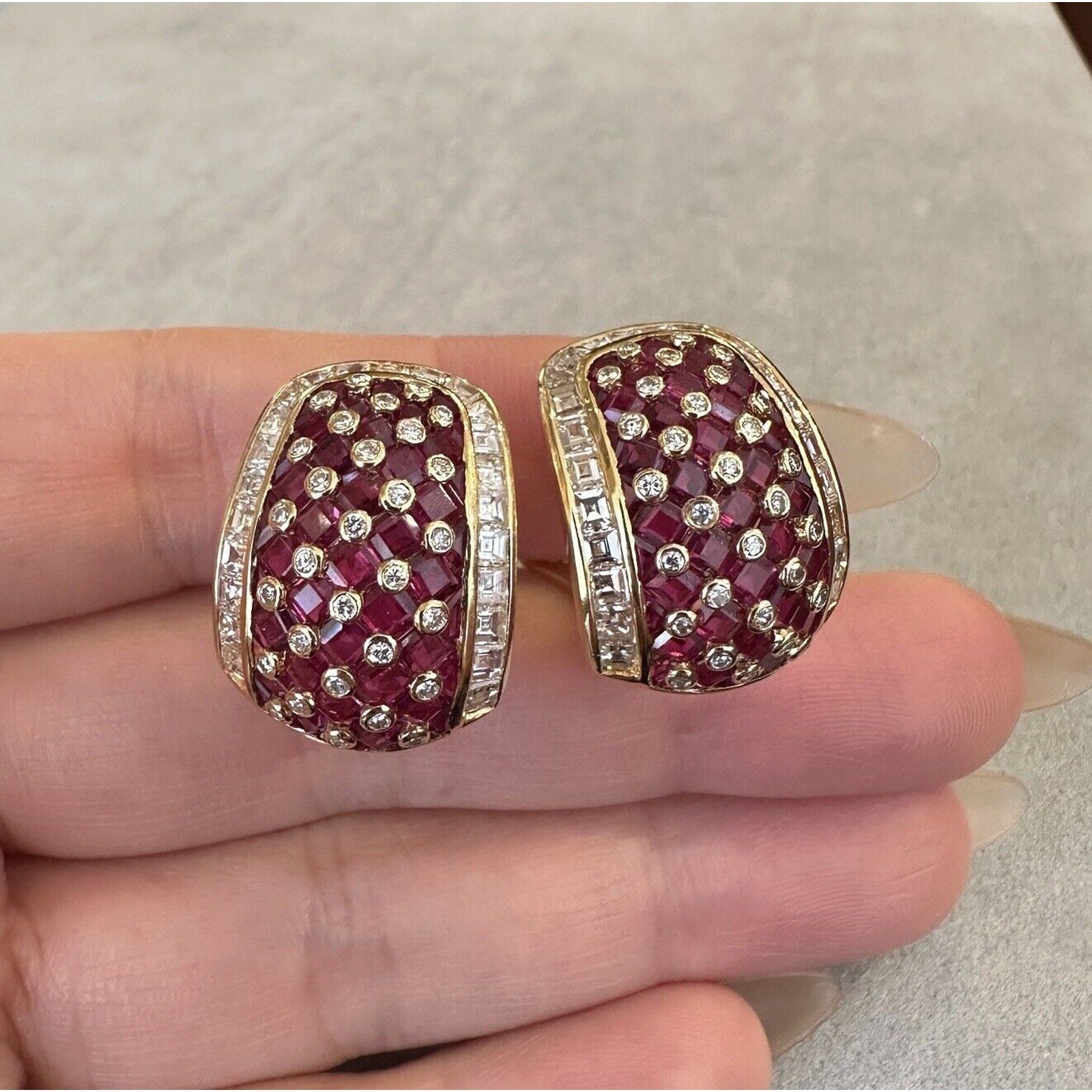 Ruby and Diamond Huggie Earrings in 18k Yellow Gold