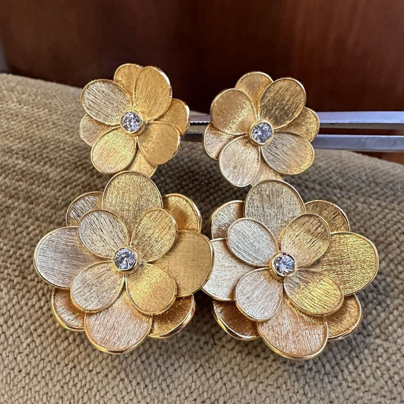 Flower Drop Earrings with Diamonds in Brushed 18k Yellow Gold