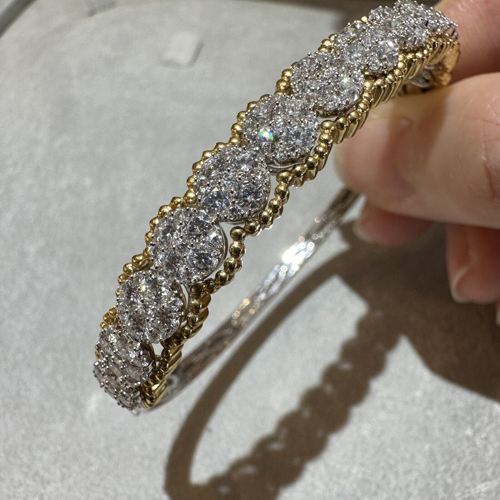 Natural Diamond Pave Bangle Bracelet in 18k White and Yellow Gold