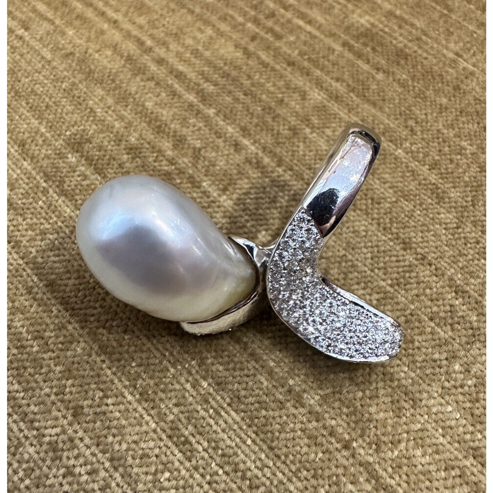 Large Baroque Pearl & Diamond Crossover Cocktail Ring in 18k White Gold