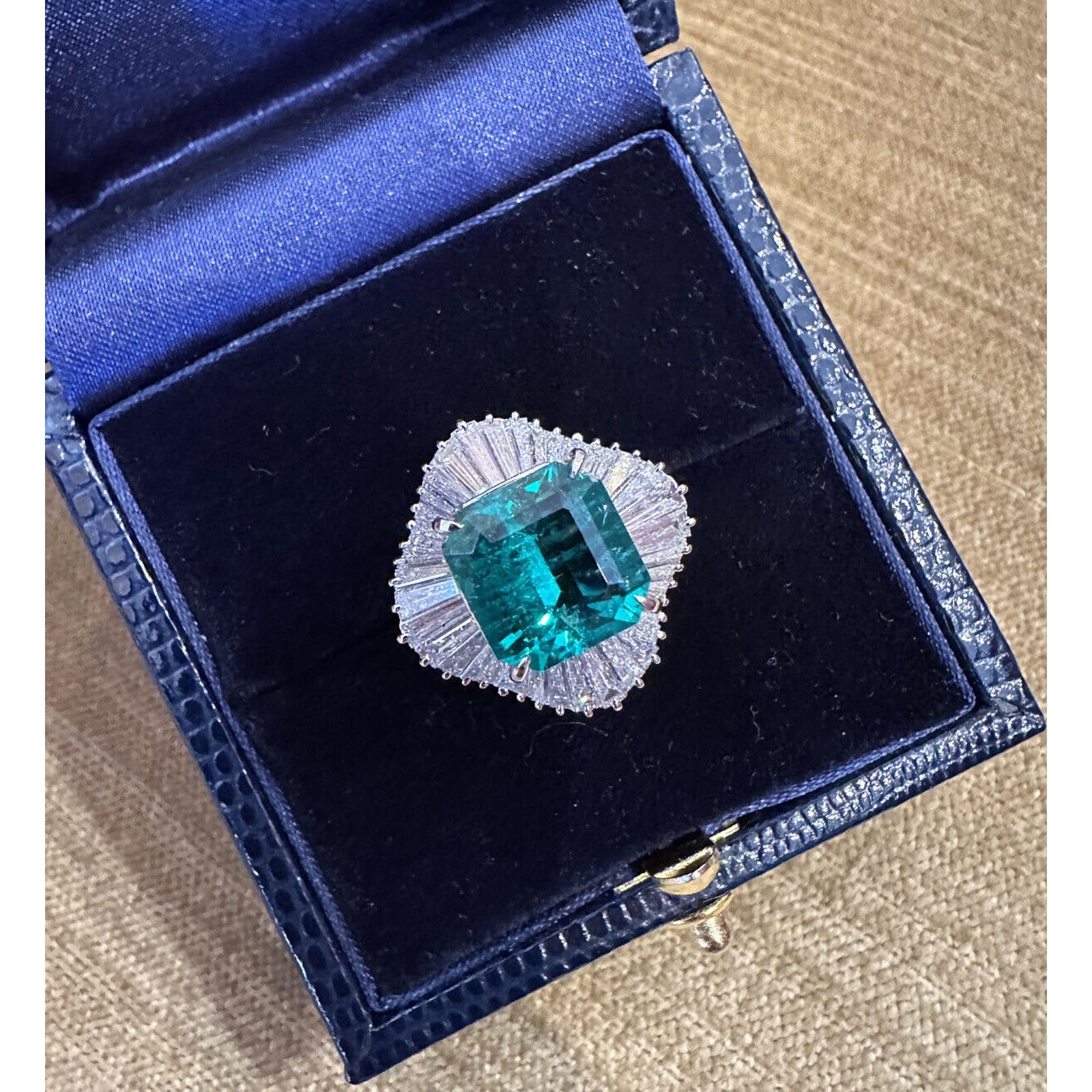 GRS 3.39 ct Colombian Emerald Ballerina Diamond Ring in Platinum - HM2521N