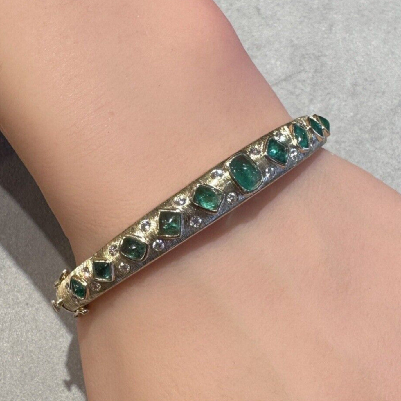 Natural Emerald & Diamond Bangle Bracelet in Textured 14k Yellow Gold - HM2626A