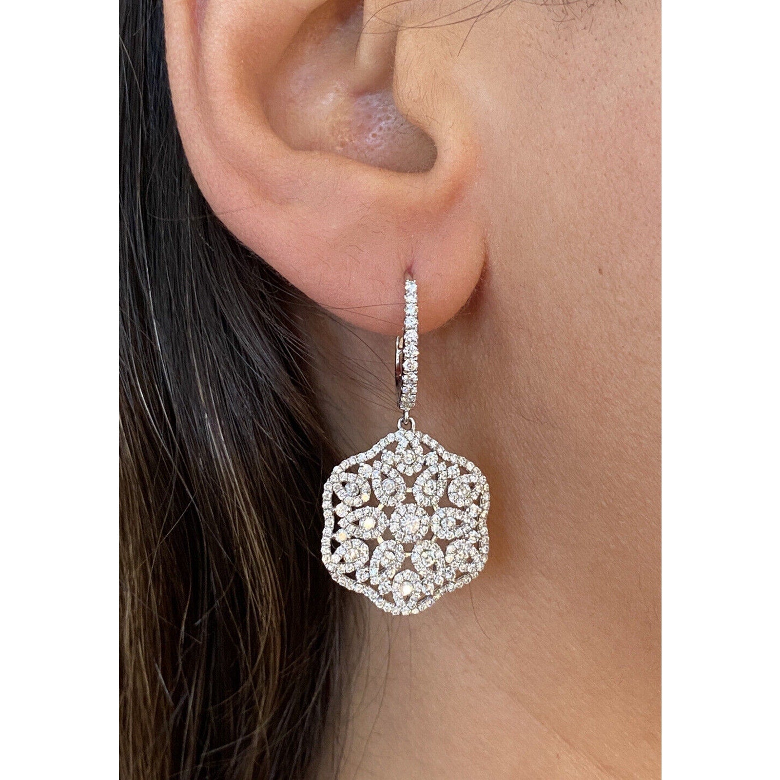 Diamond Floral Dangle/Drop Earrings 2.45 cttw in 18k White Gold