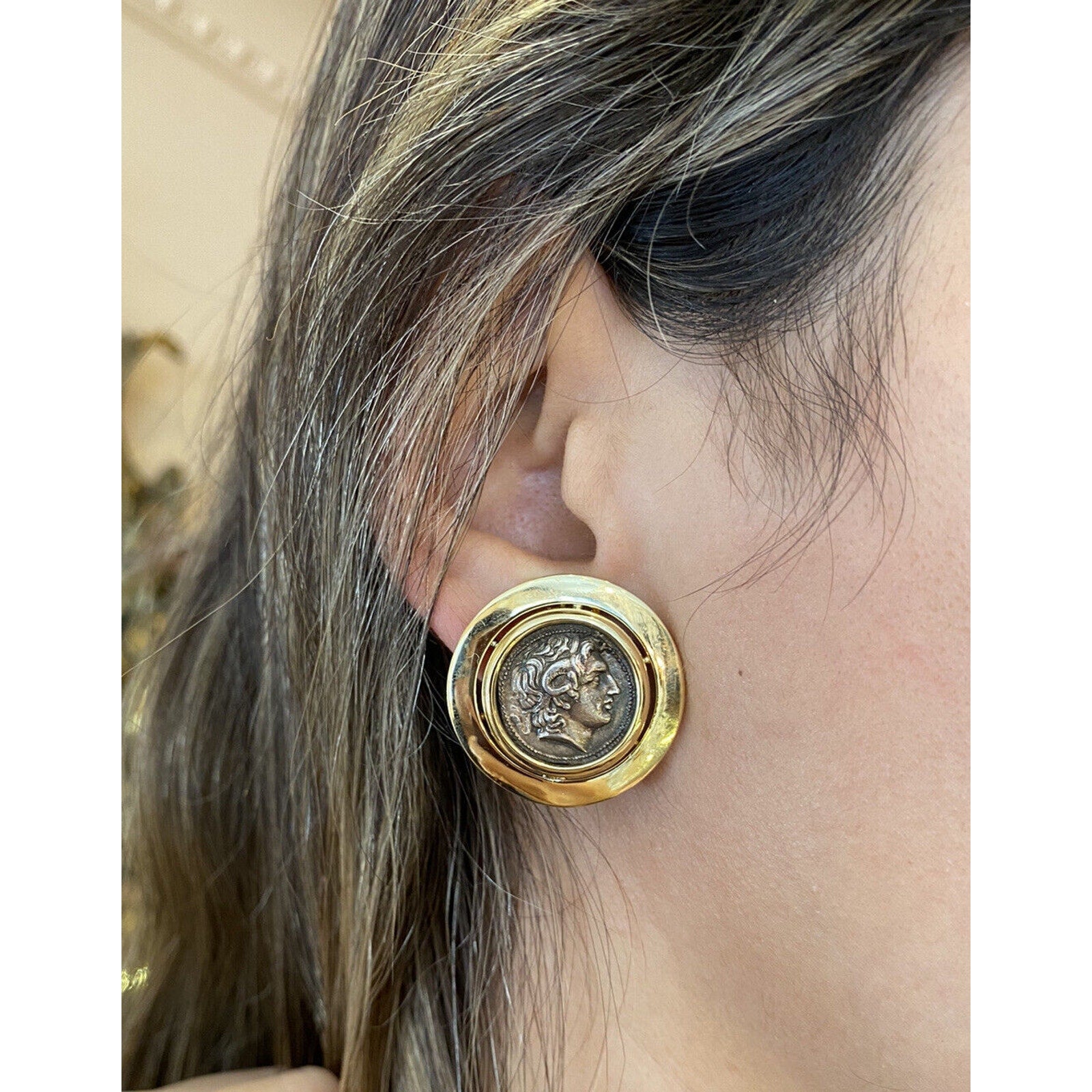 Vintage Large Ancient Coin Button Earrings in 18k Yellow Gold