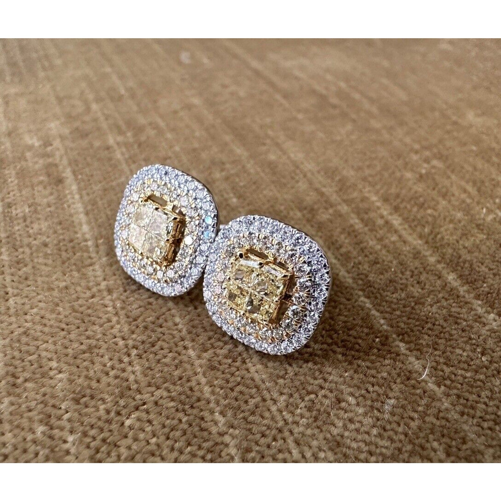 Natural Yellow & White Diamond Illusion set Earrings in 18k White Gold