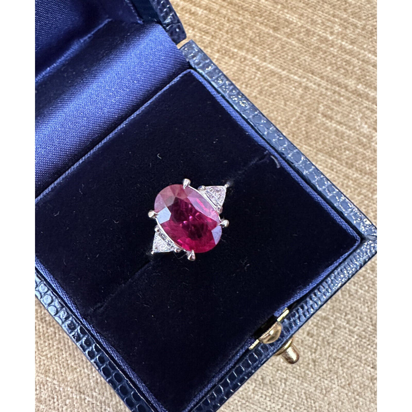 GIA 3.19 ct Oval Heated Burma Ruby & Diamond 3 Stone Ring in Platinum - HM2421SS
