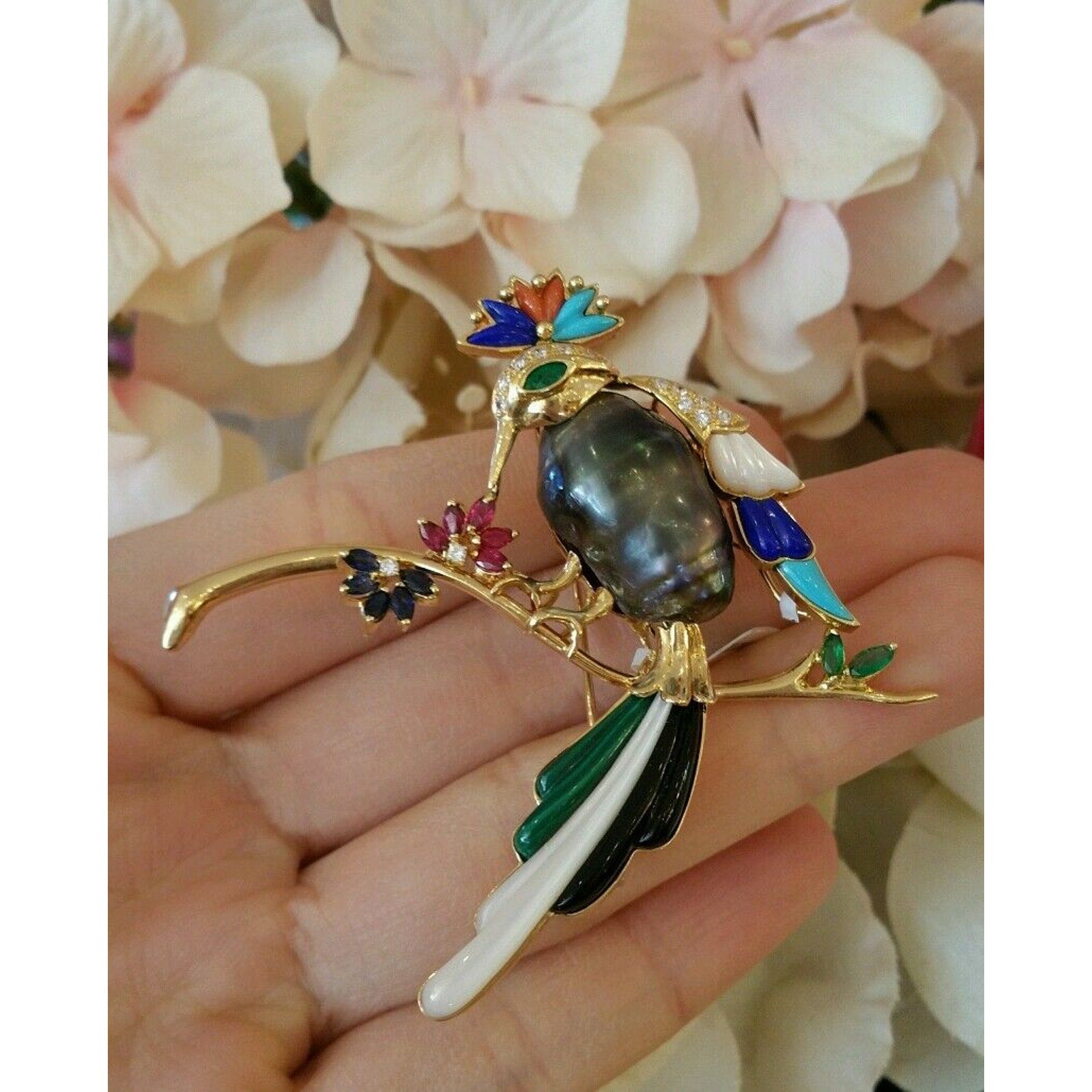 Bird Pin with Black Pearl, Diamonds and Mixed Stones in 18K Yellow Gold