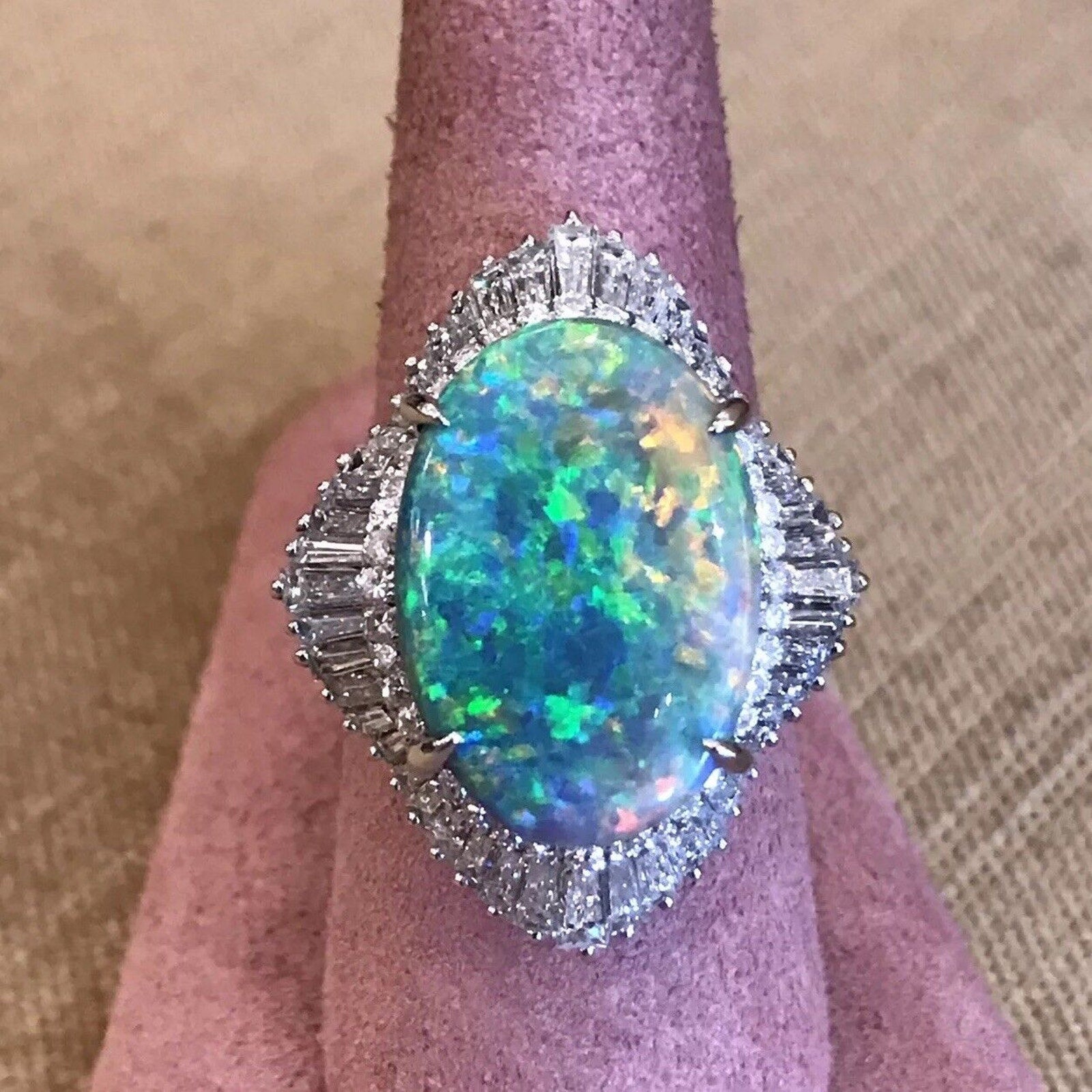 7.71 carat Certified Black Opal and Diamond Ring in Platinum