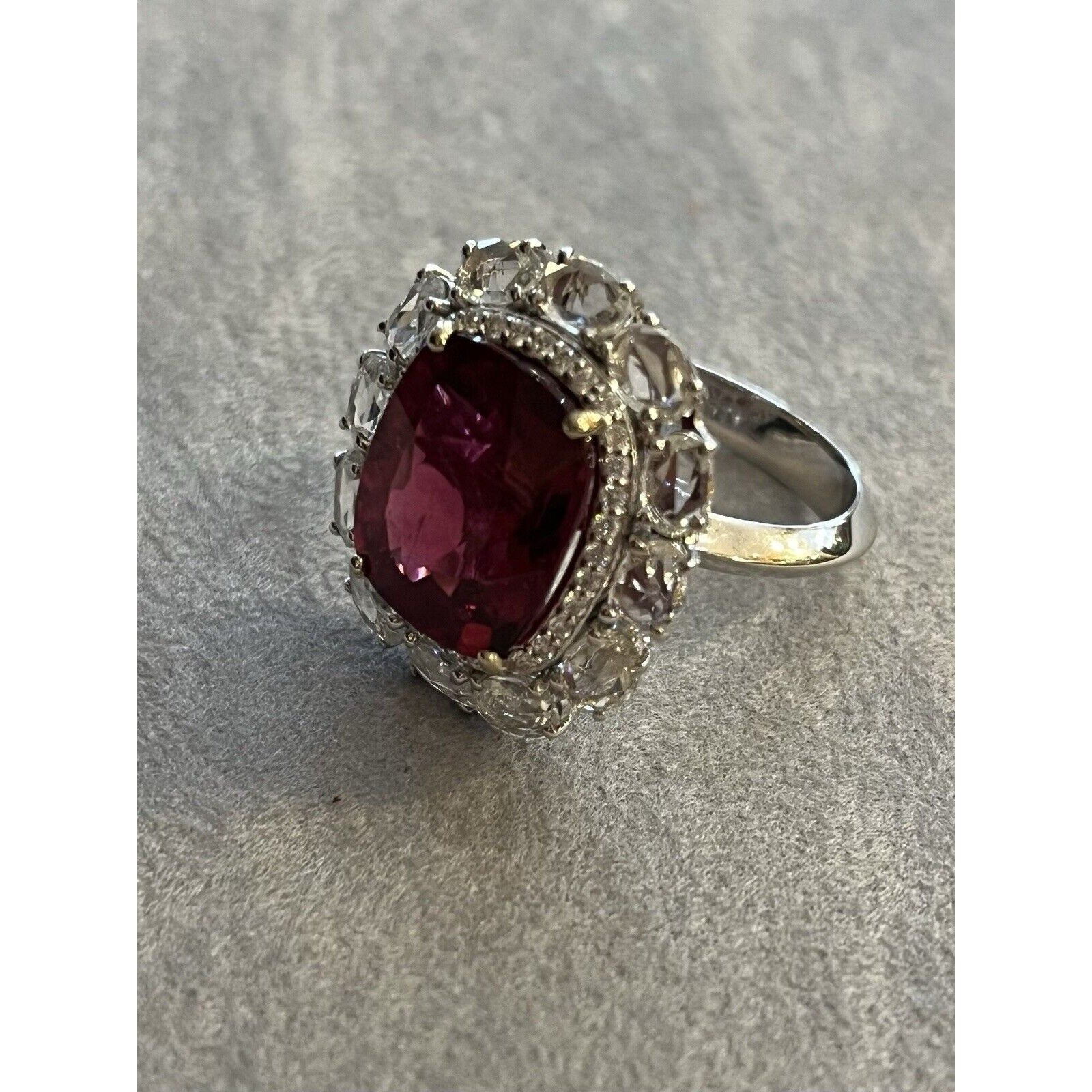 Natural Rubellite and Diamond Ring in 18k White Gold