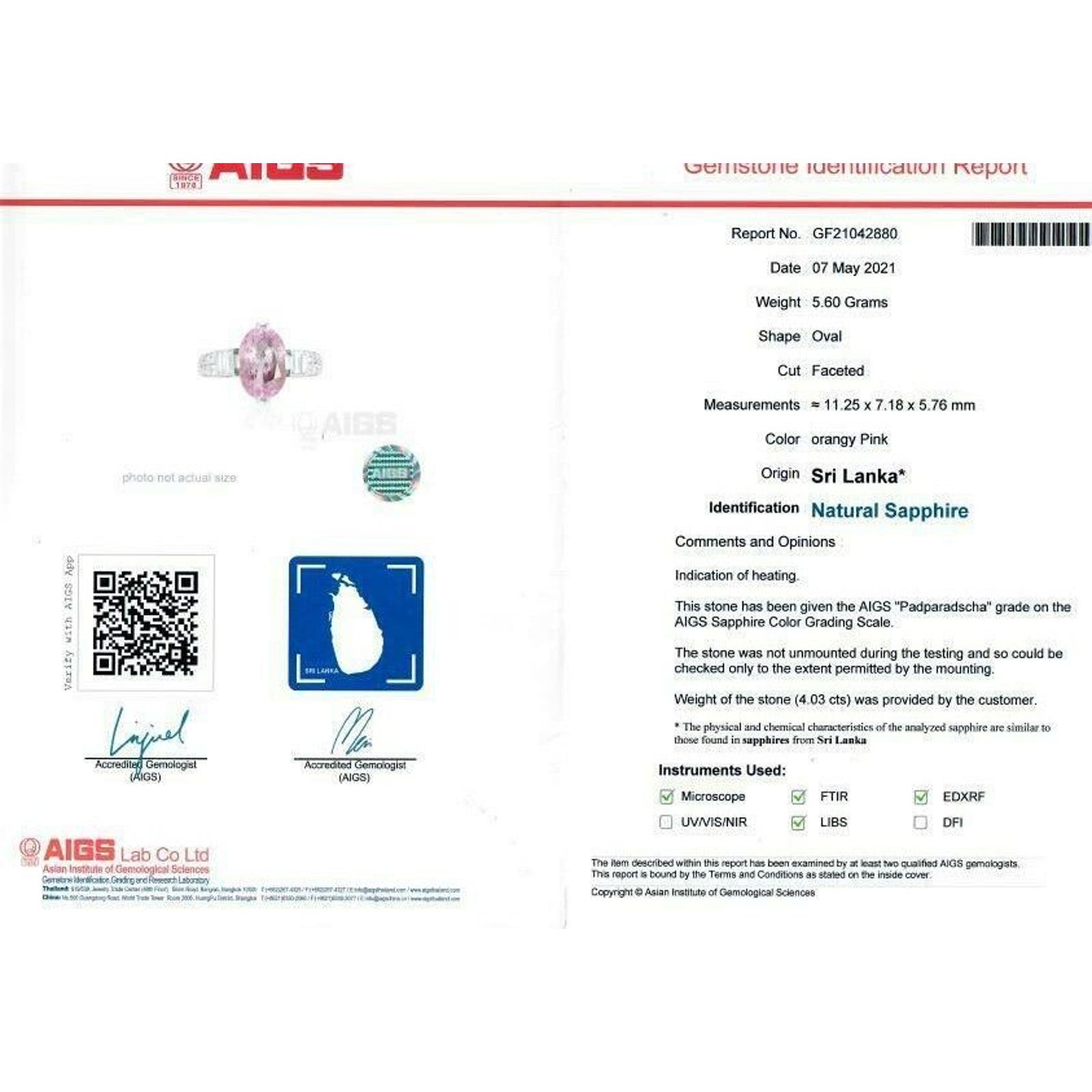 Certified Padparadscha Sapphire 4.03 carat & Diamond Ring in Platinum - HM2315Z