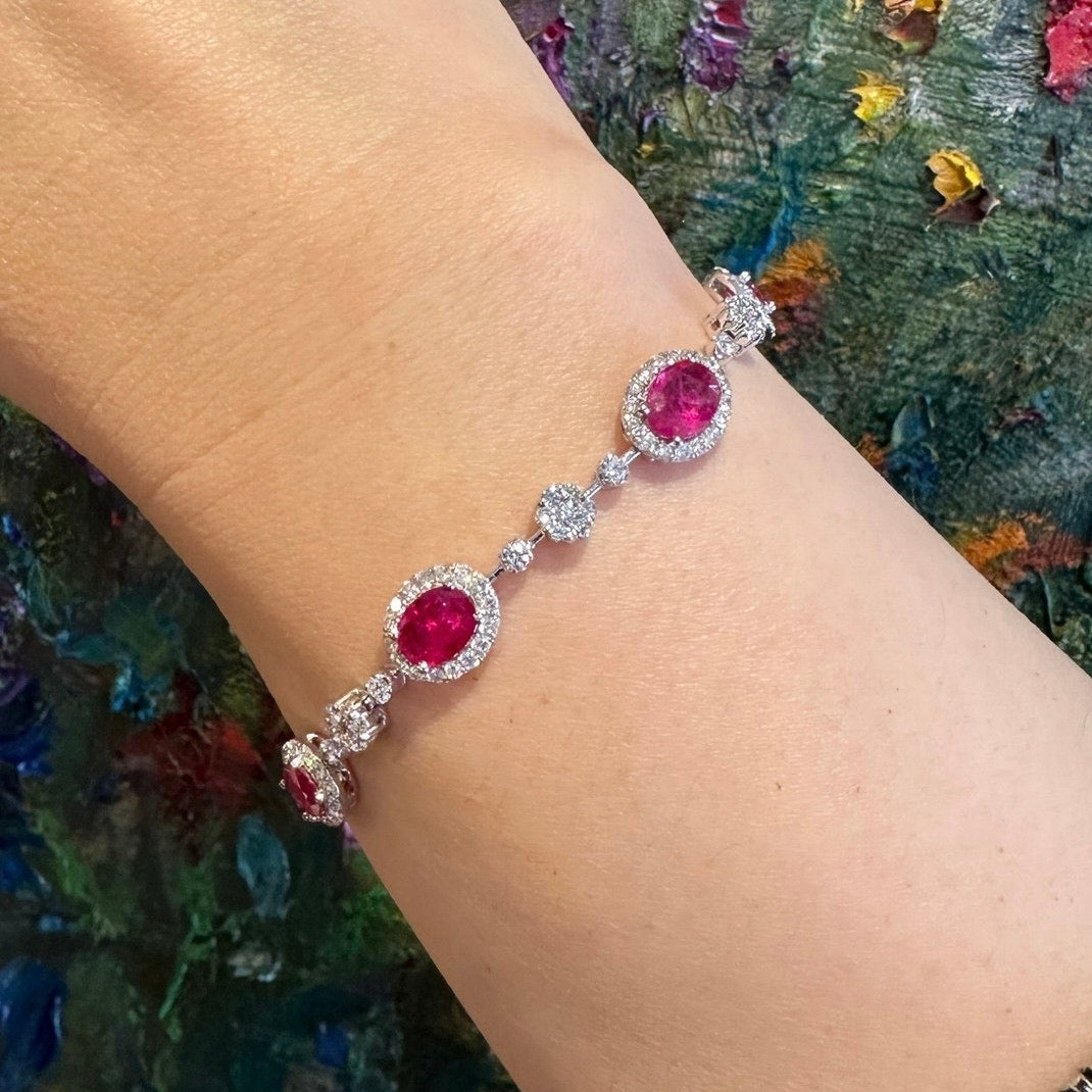 Ruby and Diamond Floret Link Bracelet in 18k White Gold