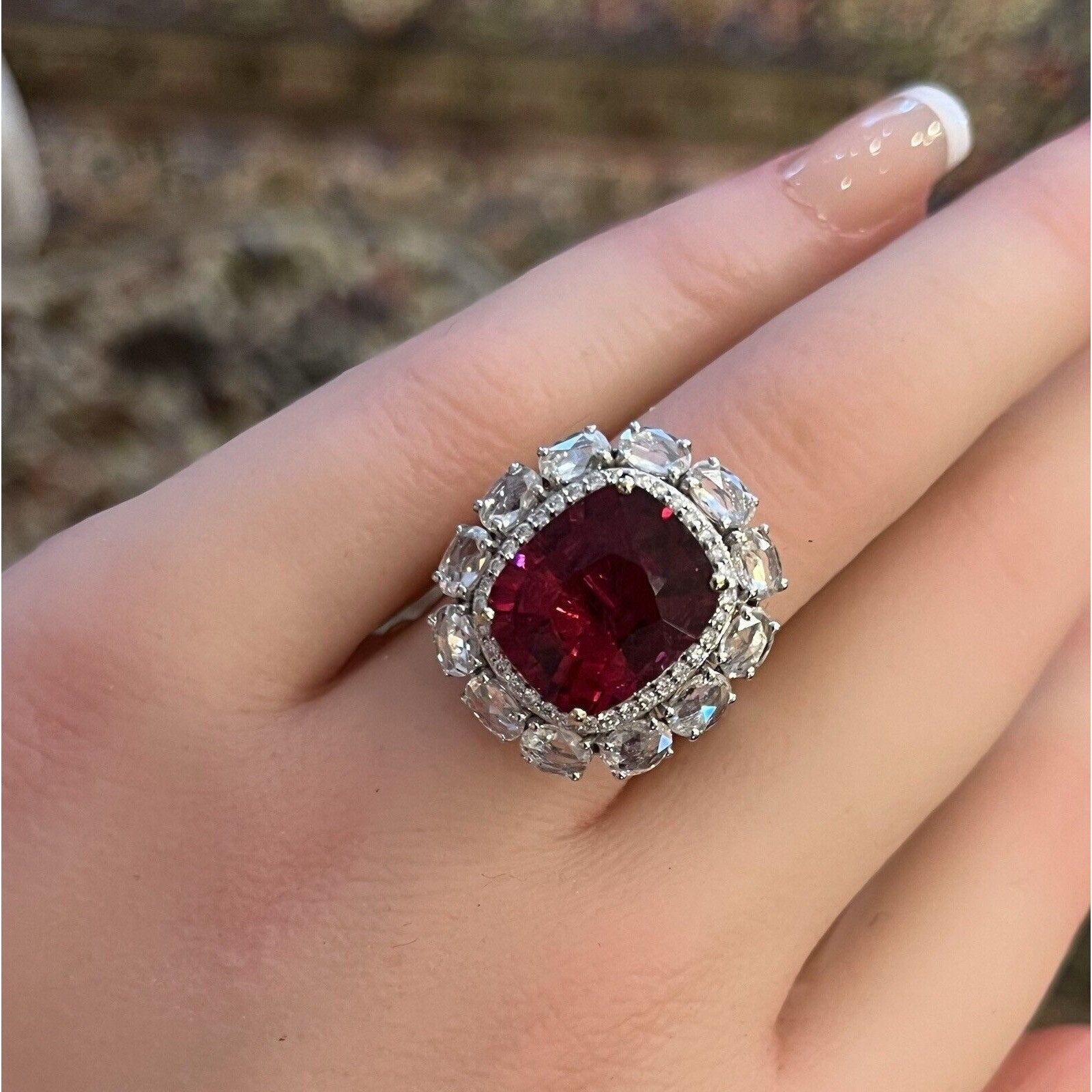 Natural Rubellite and Diamond Ring in 18k White Gold