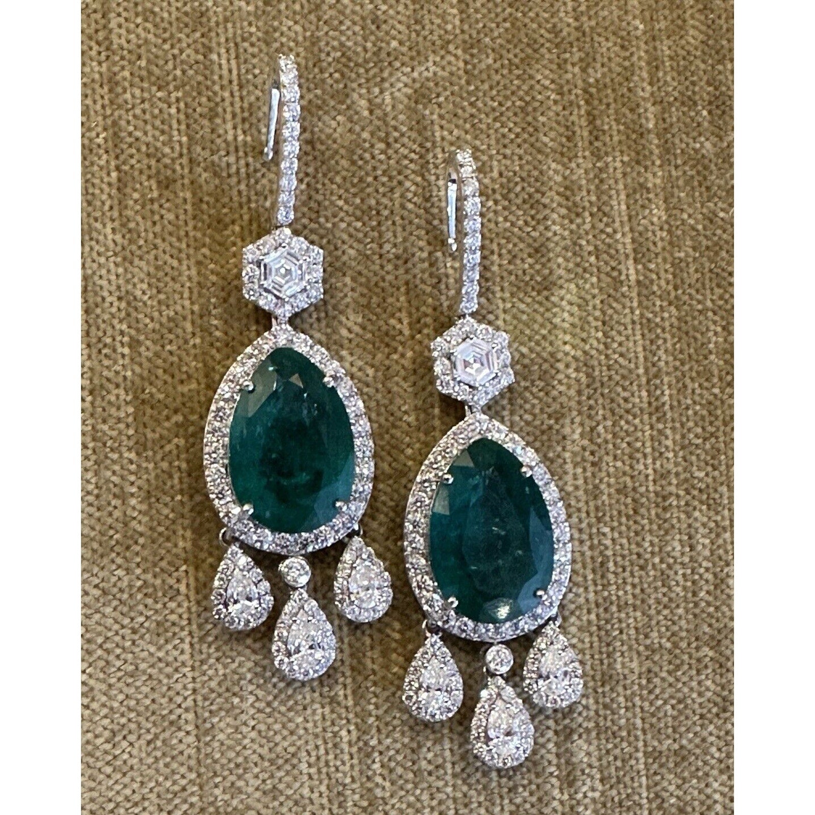 GIA Large Pear Emerald Drop Earrings with Diamonds in 18k White Gold