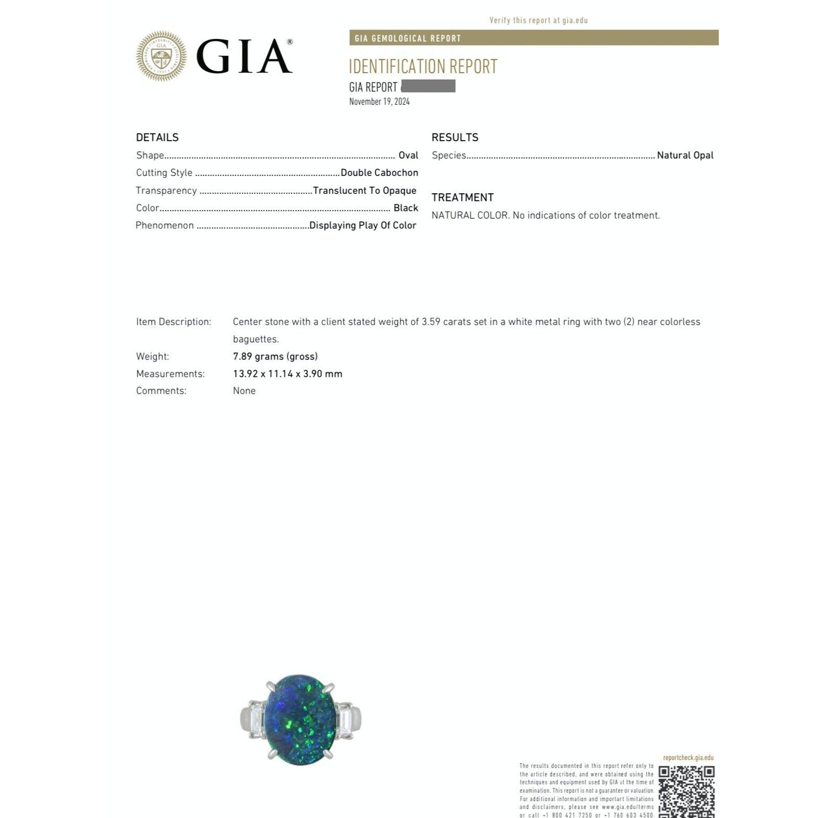 GIA 3.59 ct Black Opal & Diamond 3-stone Ring in Platinum