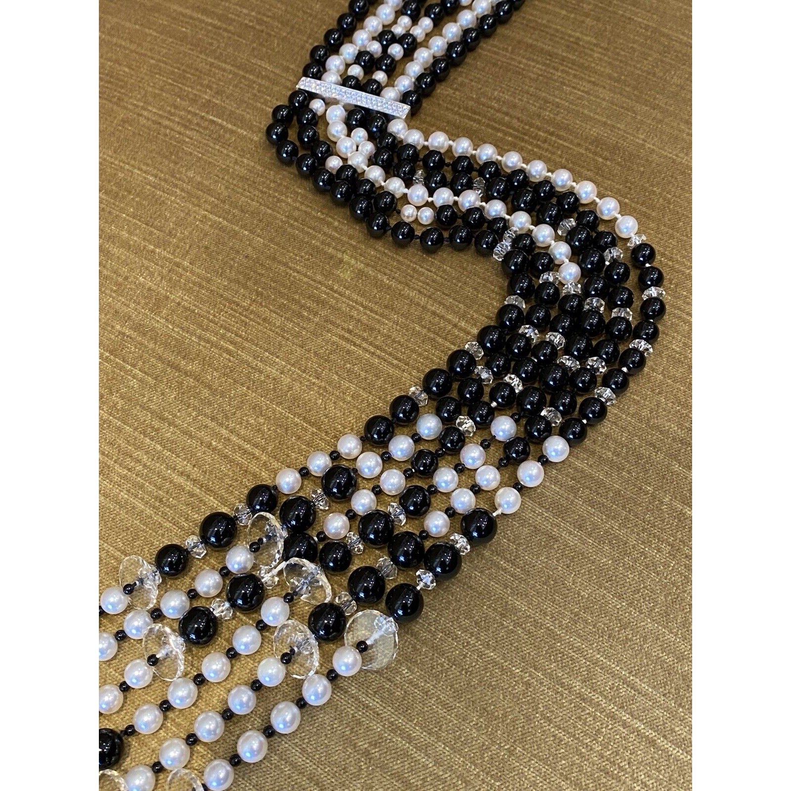 50" Multi-strand Pearl and Onyx Tassel Necklace with 18k White Gold Diamond Bar