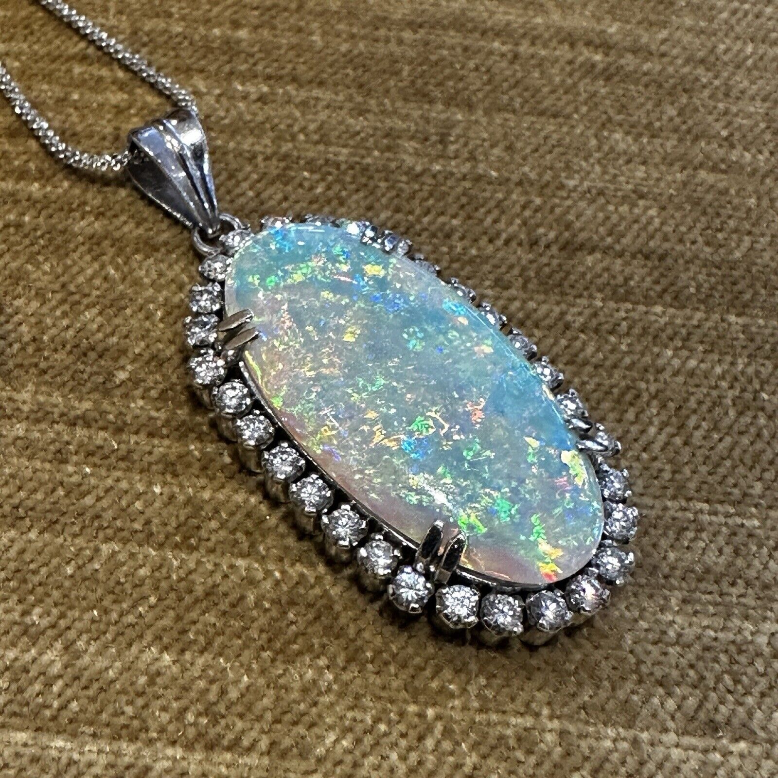 Large Opal with Diamond Halo Pendant in Platinum on Chain