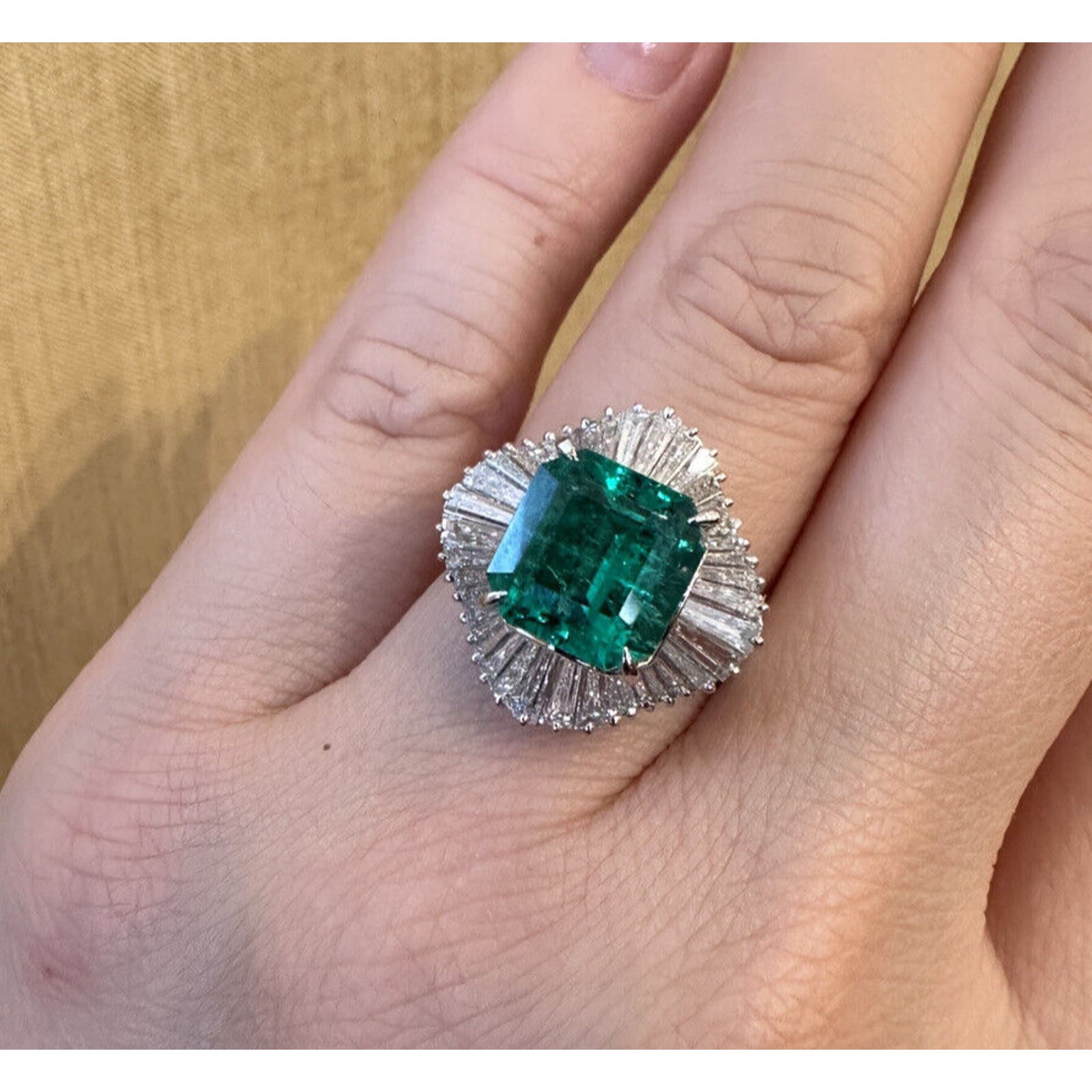 GRS 3.39 ct Colombian Emerald Ballerina Diamond Ring in Platinum - HM2521N
