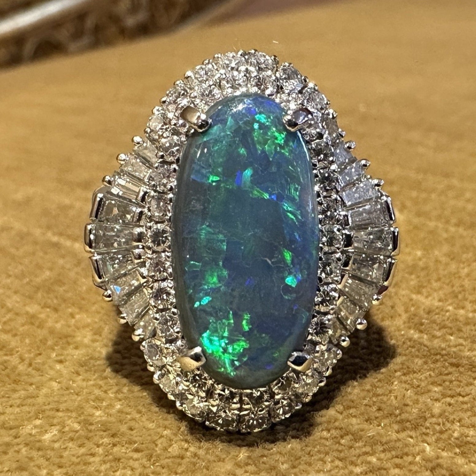 Natural Black Opal 3.77 ct and Diamond Cocktail Ring in Platinum