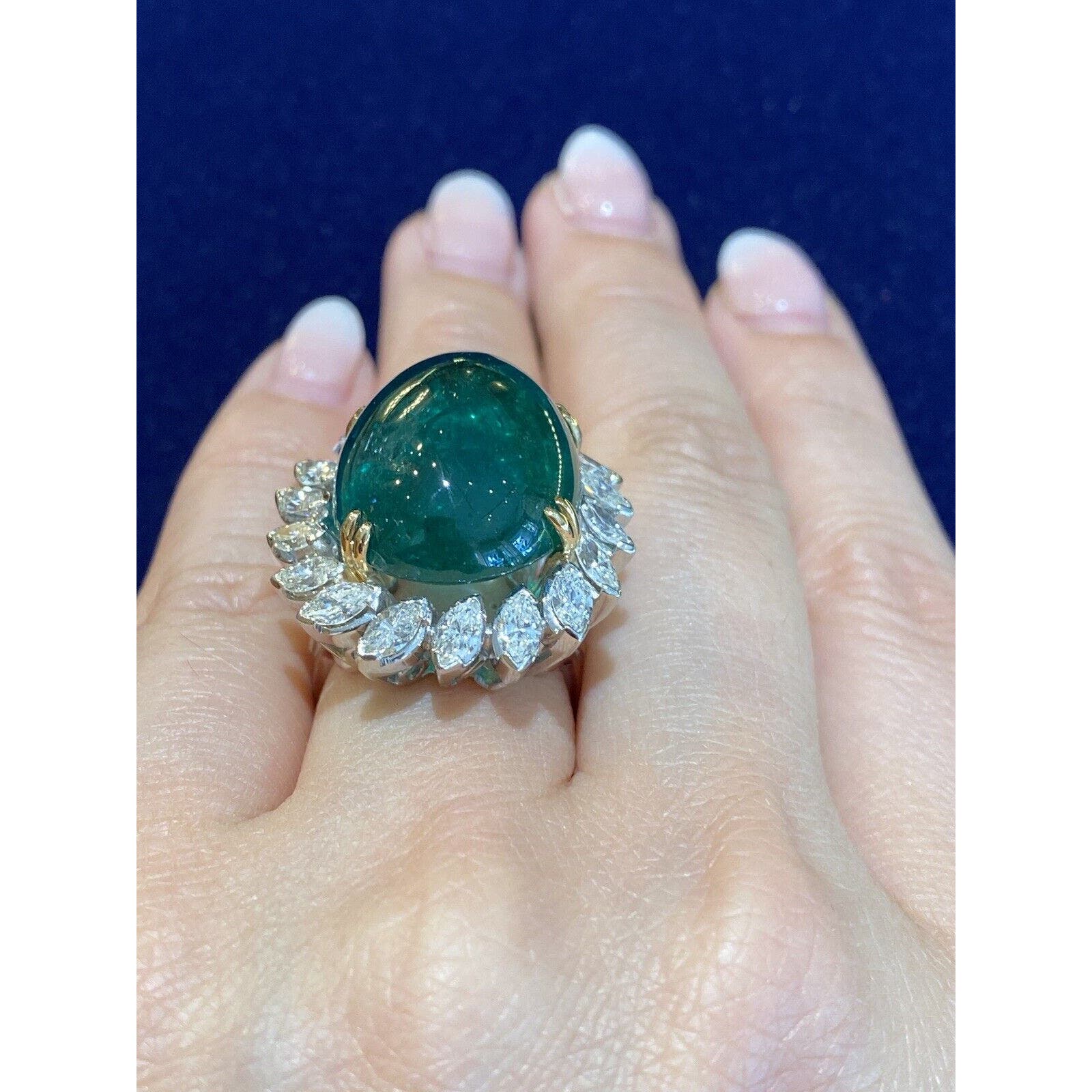 GIA 29.20 ct Natural Cabochon Emerald Ring w/ Marquise Diamonds in Plat-HM2363A4