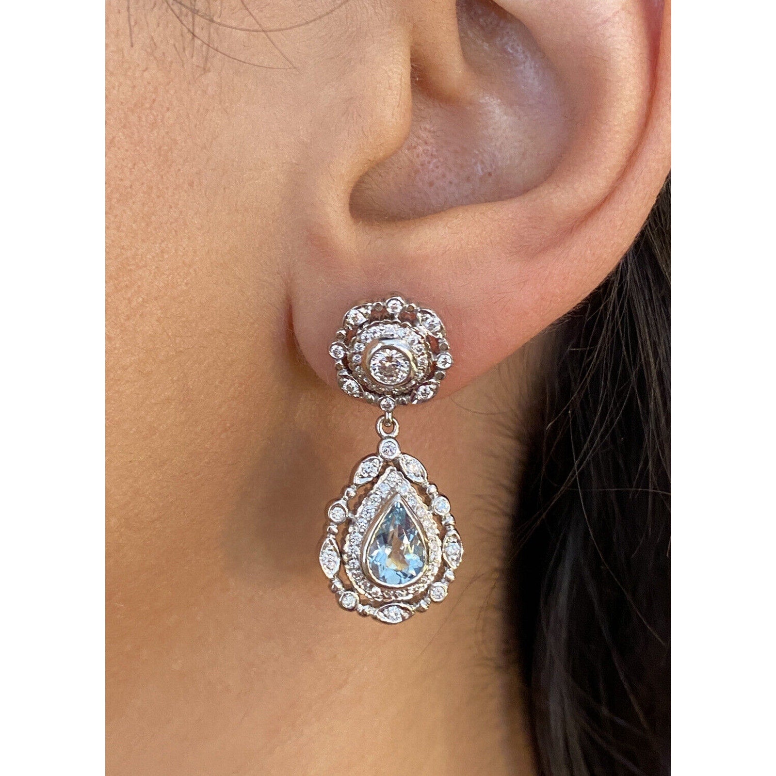 Doris Panos Aquamarine & Diamond Drop Earrings in 18k White Gold -- HM2368SN