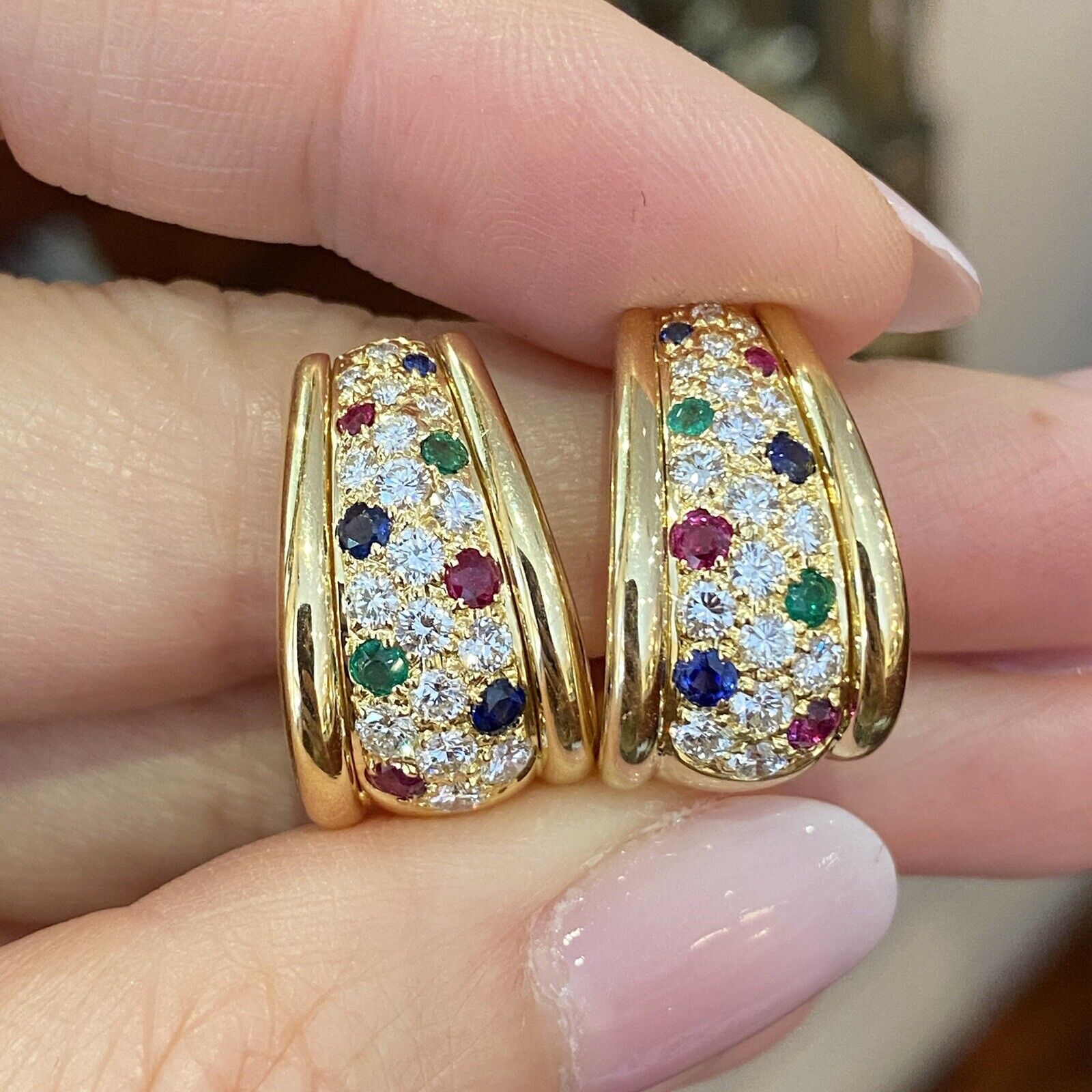 Diamond, Sapphire, Ruby, Emerald Half Hoop Earrings in 18k Yellow Gold