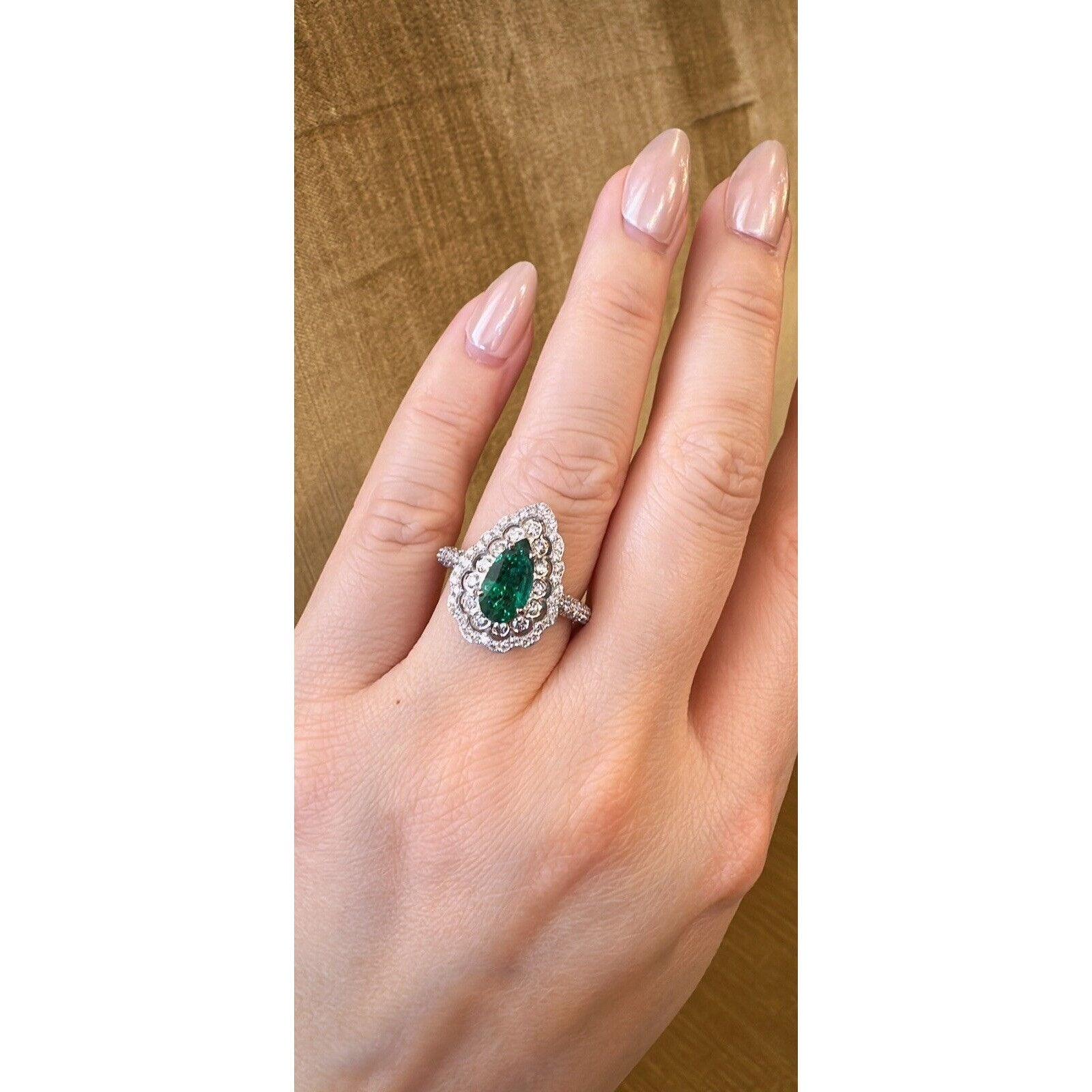 Pear Shaped Emerald and Diamond Ring in 18k White Gold - HM2560B