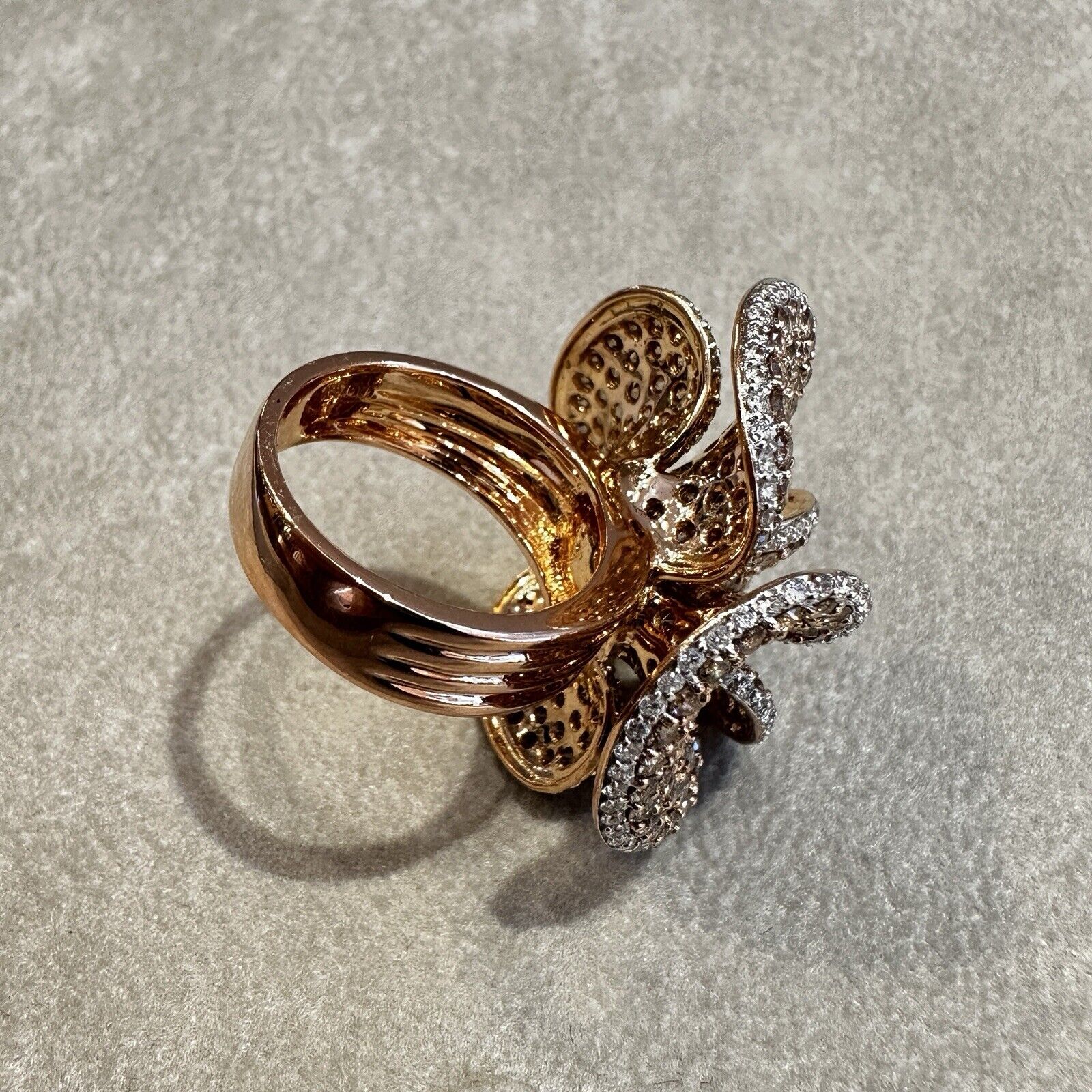 Brown and White Diamond Flower Petal Ring in 18k Rose Gold