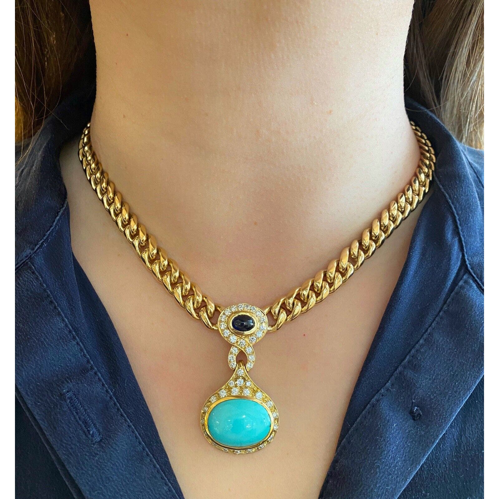 Turquoise, Sapphire & Diamond Necklace Link Chain in 18k Yellow Gold - HM2319ER