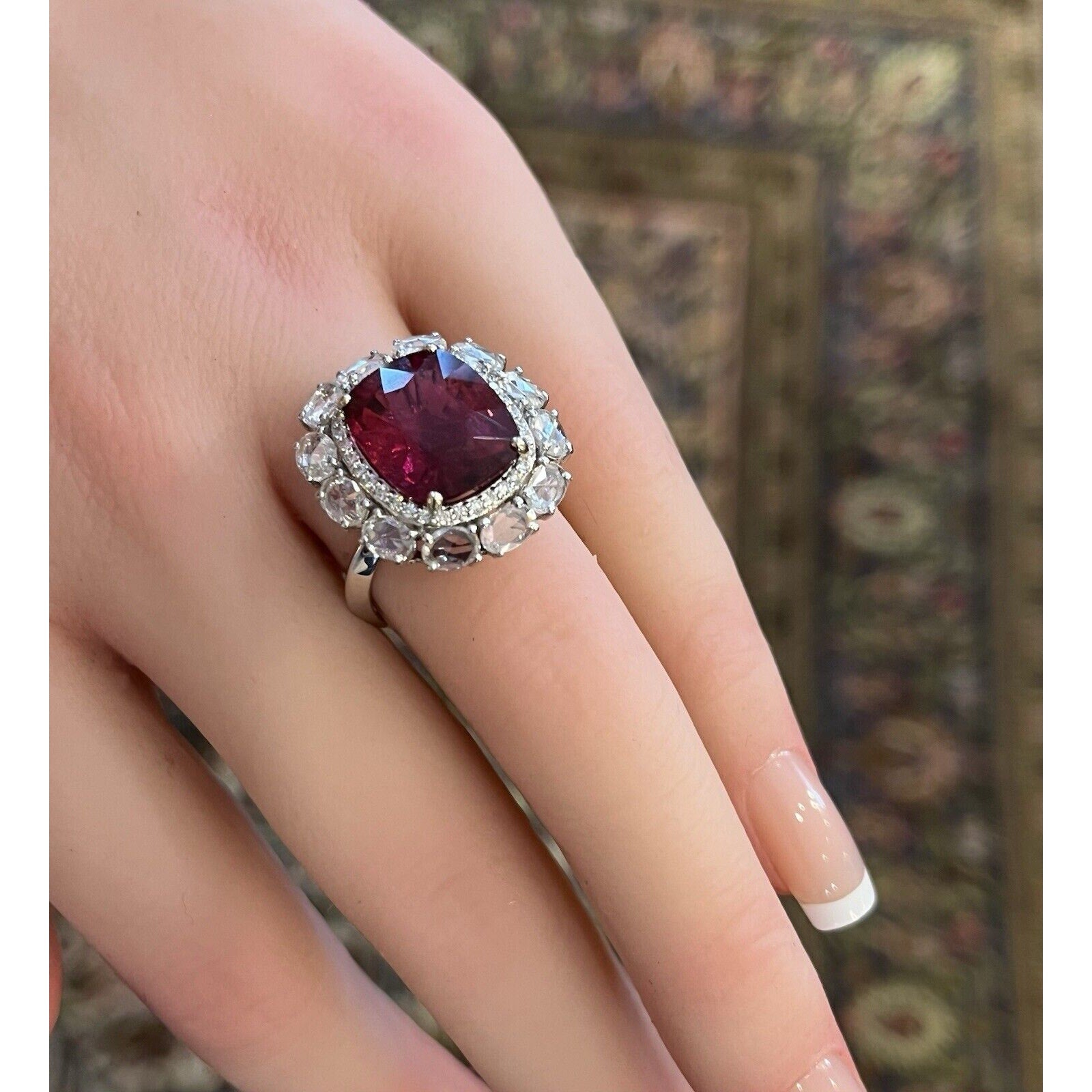 Natural Rubellite and Diamond Ring in 18k White Gold