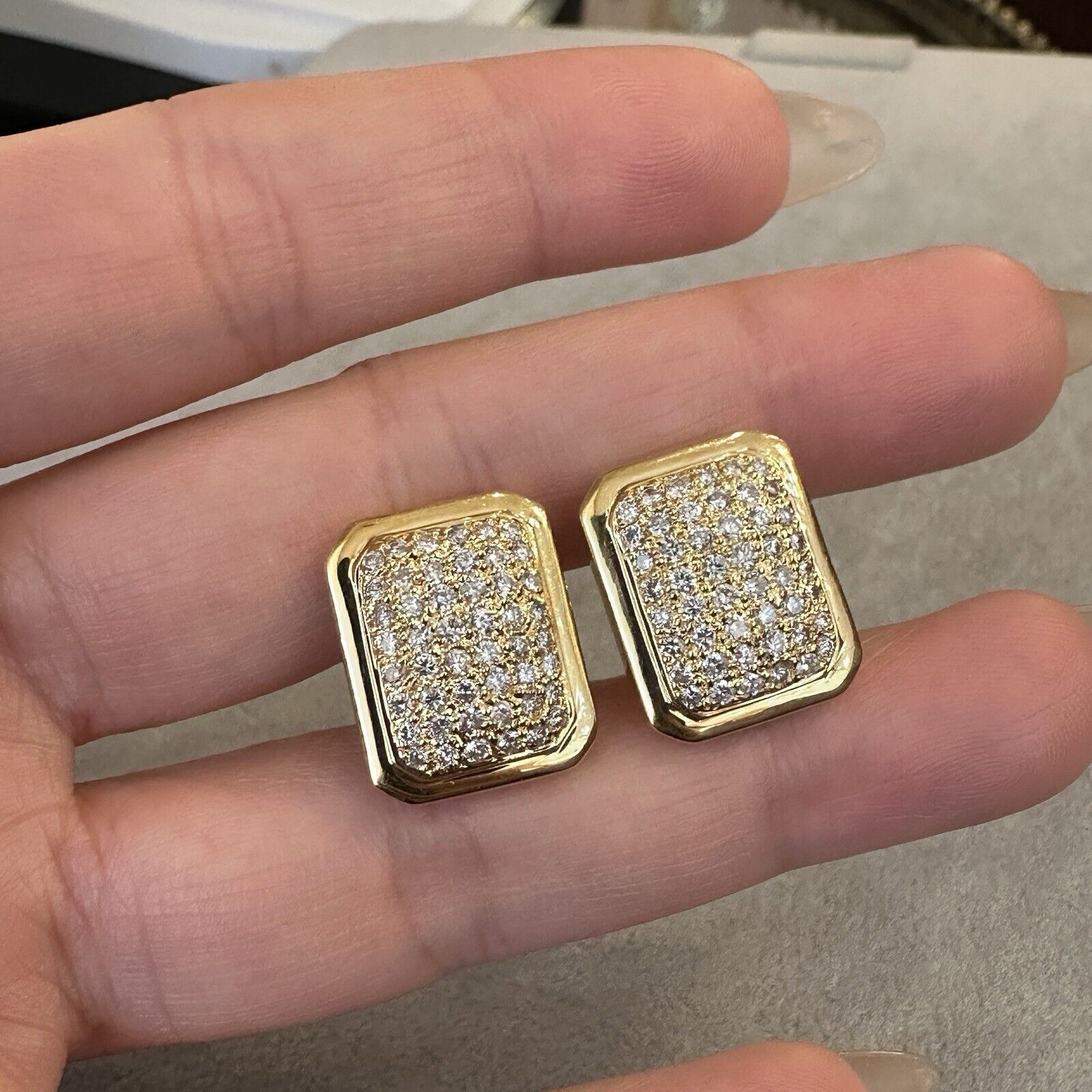 Pave Diamond Rectangular Button Earrings 1.74 cttw in 18k Yellow Gold