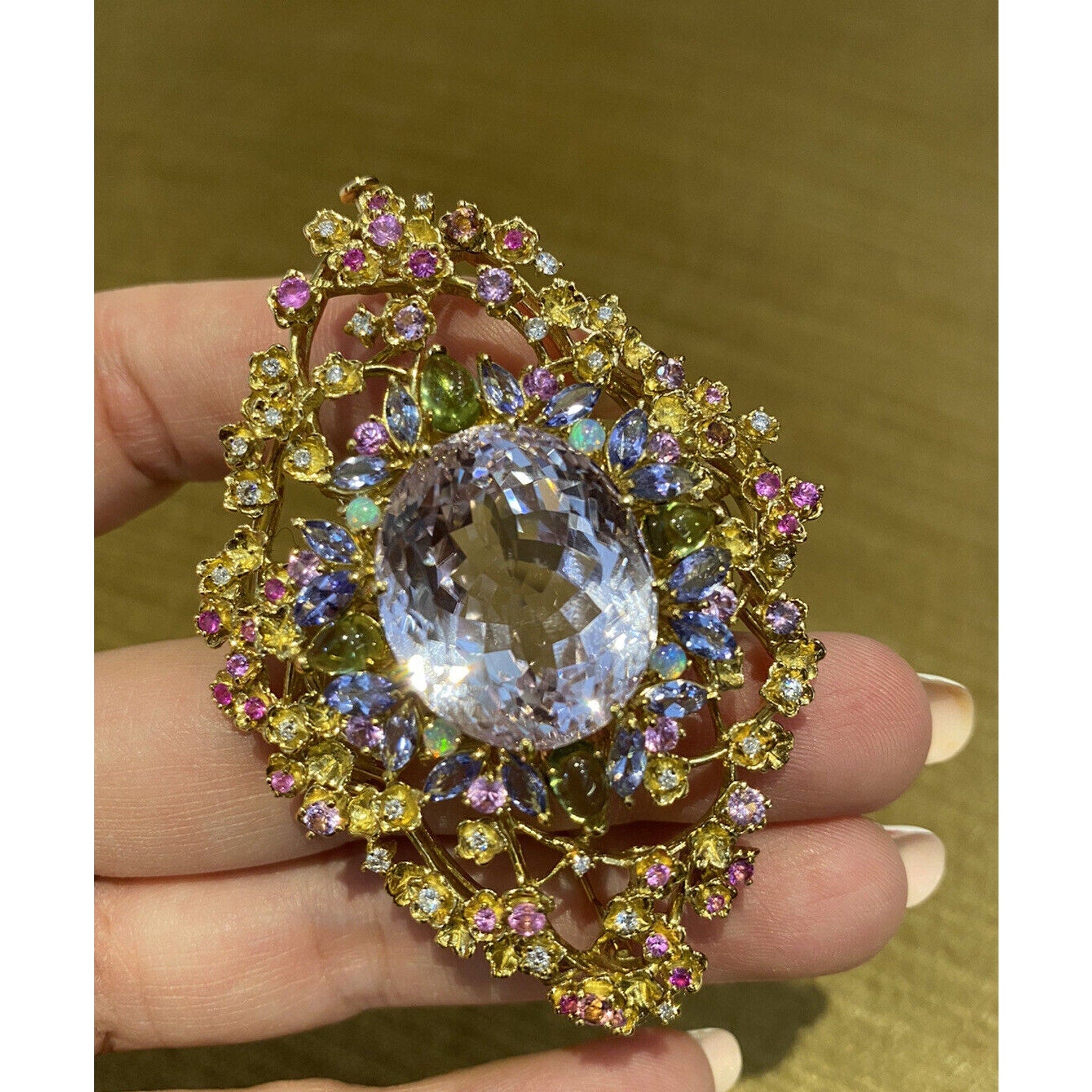 Large Kunzite and Multigems Diamond Pin / Brooch in 18k Yellow Gold