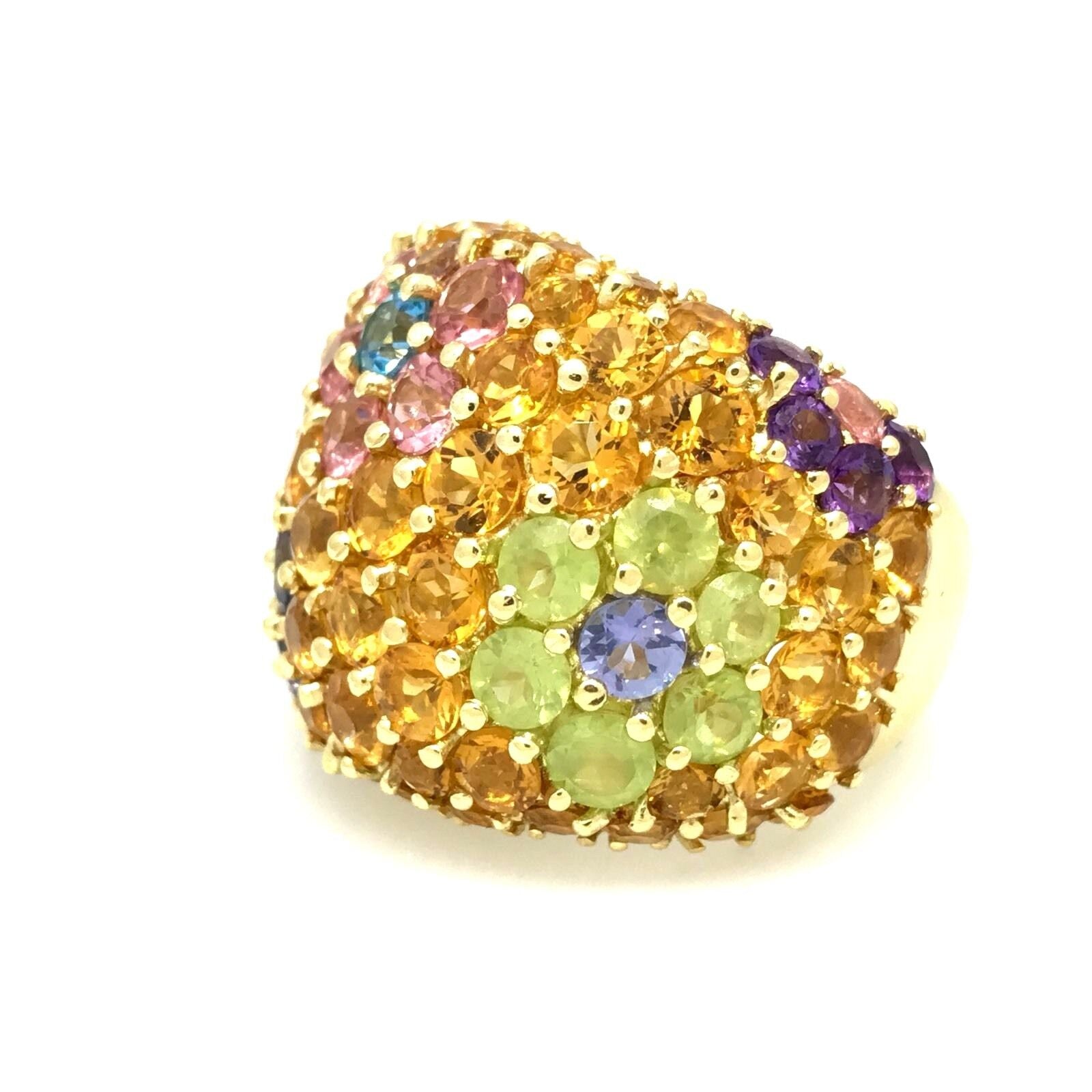 Wide Citrine-Peridot-Amethyst Flower Ring in 18k Yellow Gold