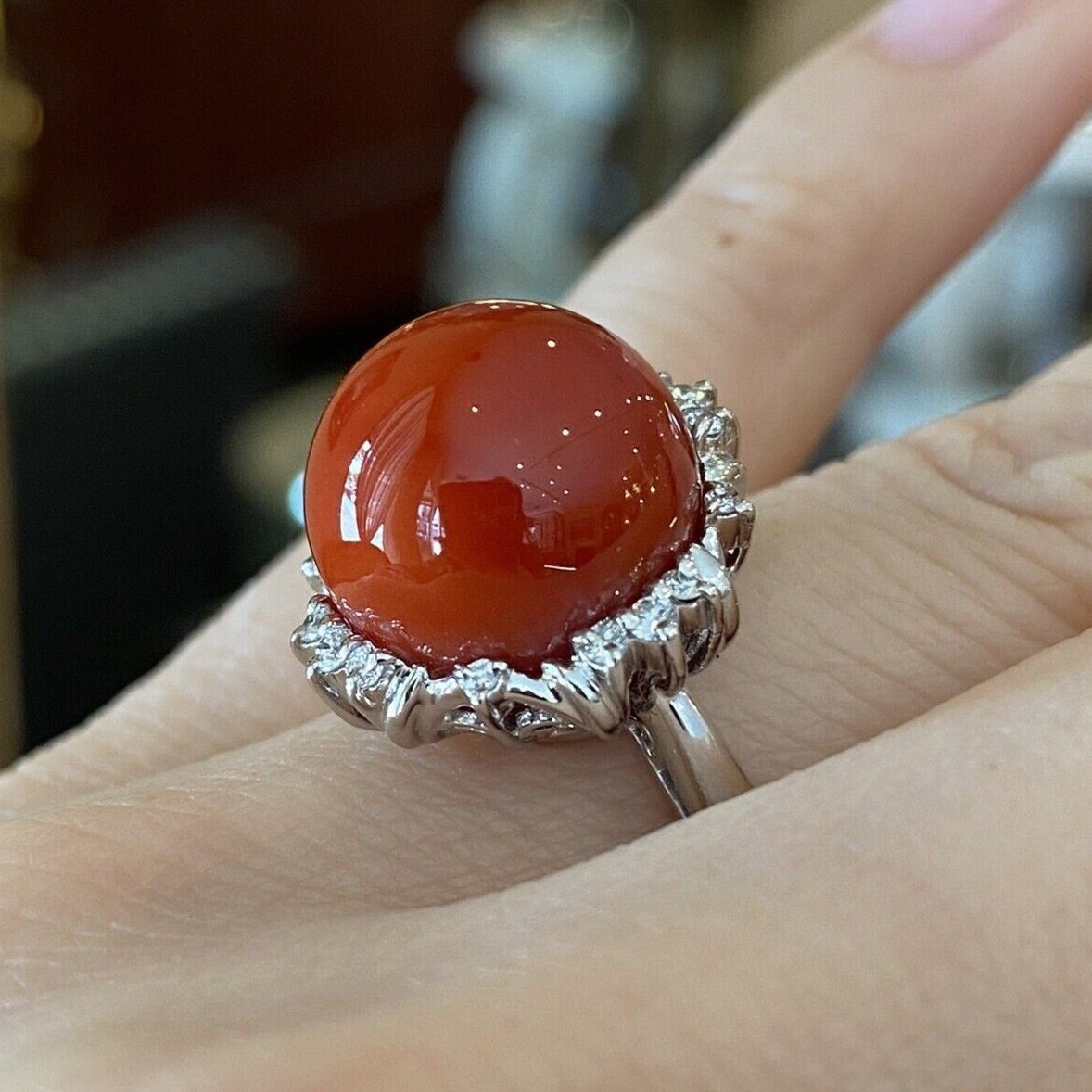 13mm Red Coral and Diamond Cocktail Ring in Platinum