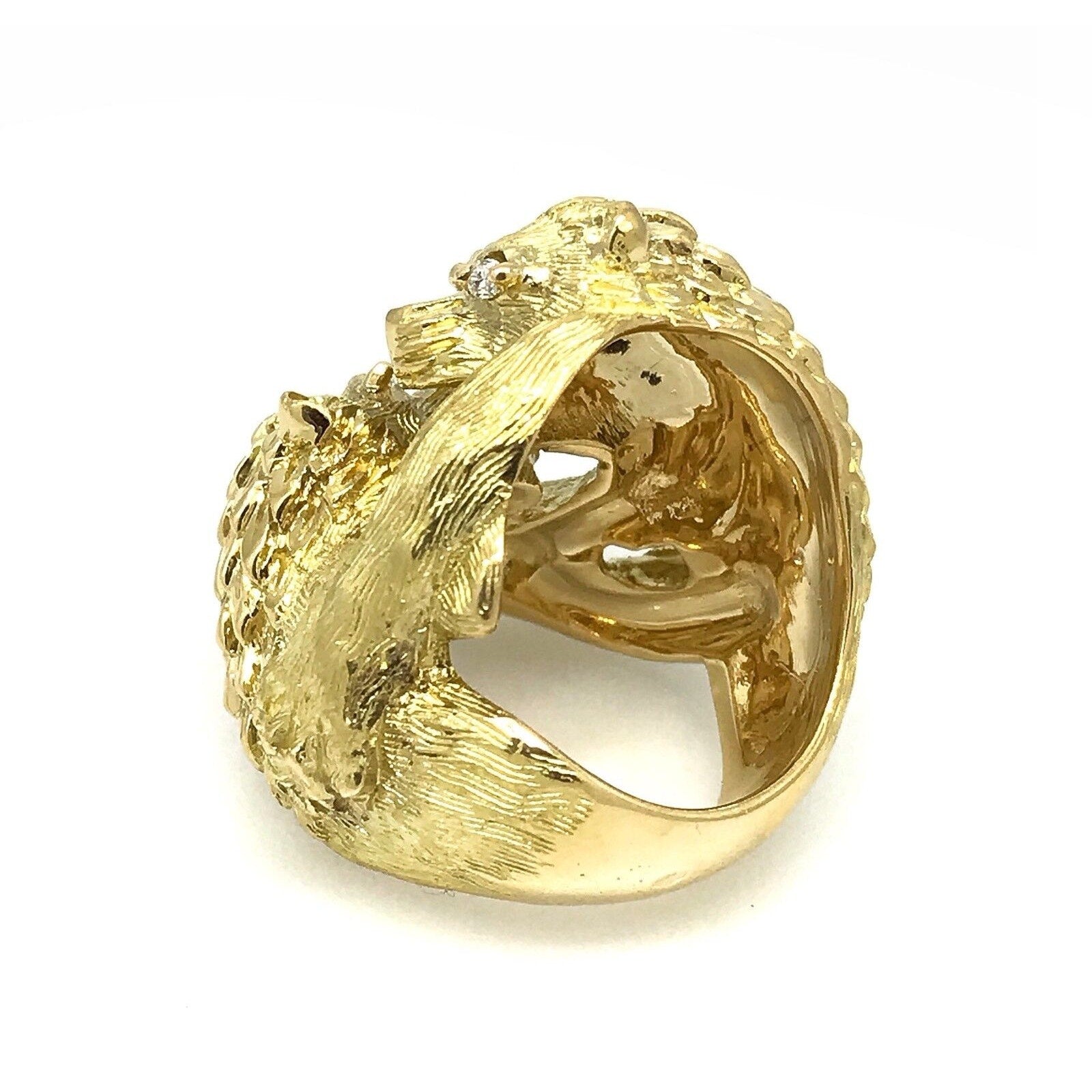 FRENCH Double Lion Heavy Textured Ring with Diamonds in 18k Yellow Gold