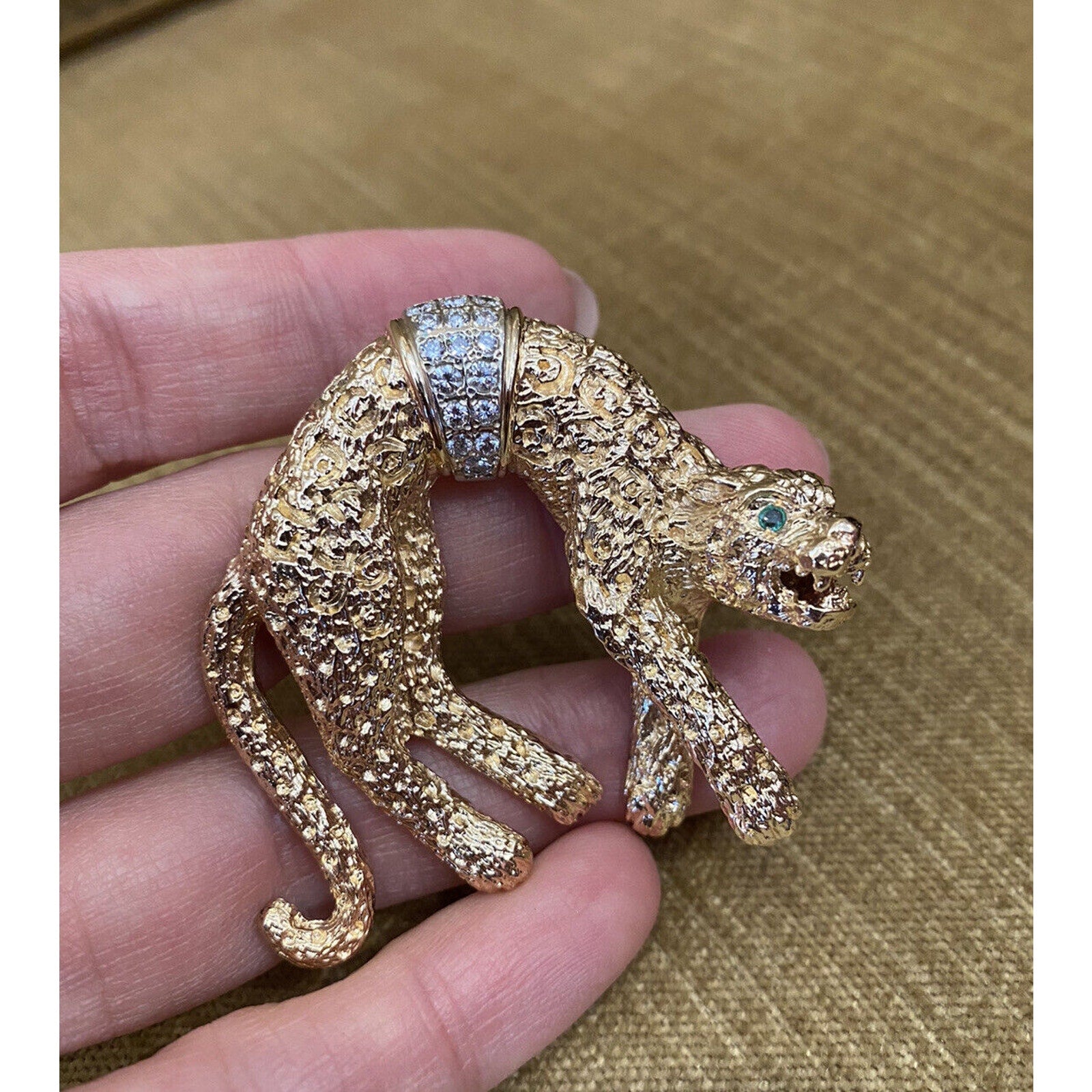 Large Hanging Panther Pin Brooch with Diamonds in 14k Yellow Gold