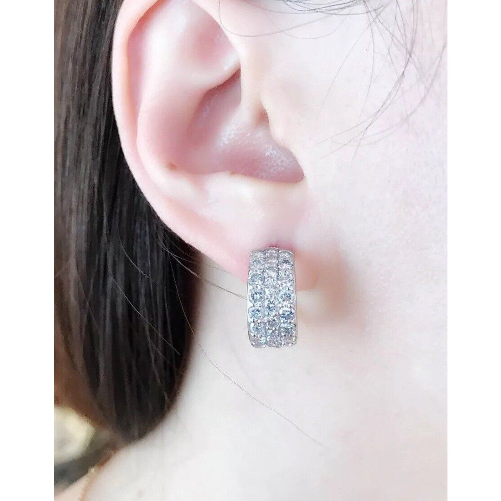 4.00 cttw Three-Row Pave Diamond Half Hoop Earrings Platinum