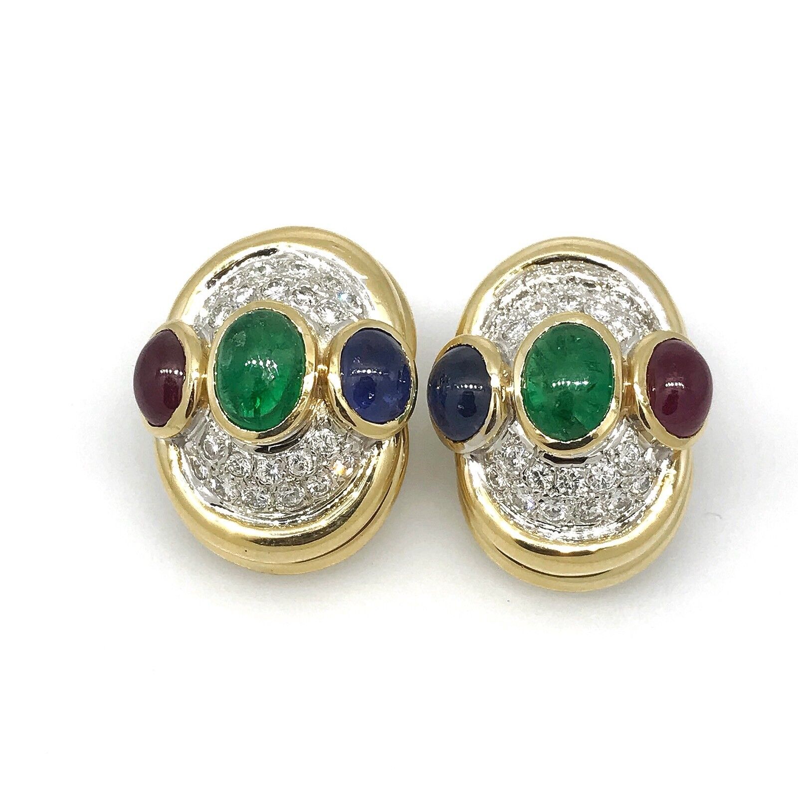 Estate Emerald Ruby and Sapphire Dome Button Earrings in 18k Yellow Gold