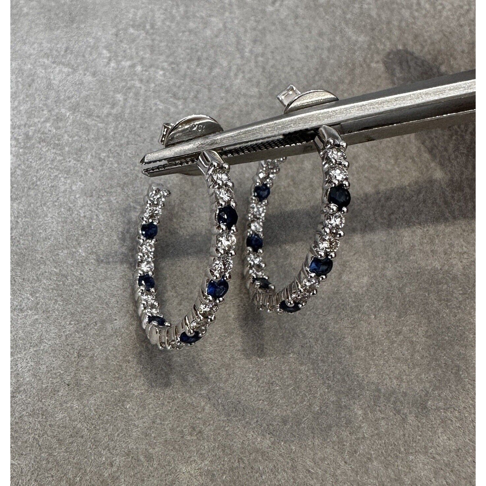 Sapphire and Diamond Single Row Hoop Earring in 18k White Gold