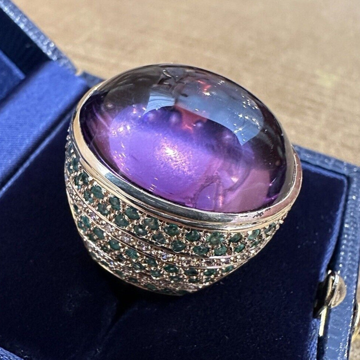Large Amethyst Cabochon Ring with Diamonds in 18k Yellow Gold - HM2572SI