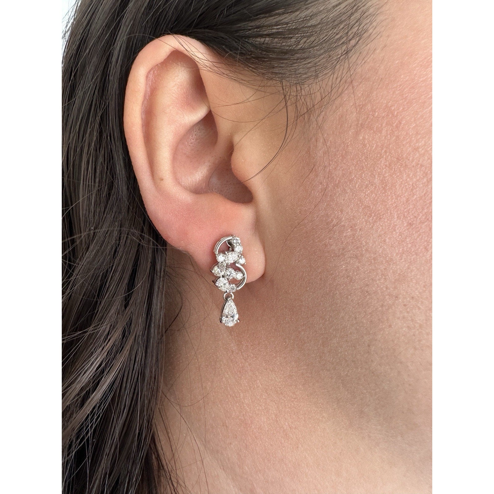 Diamond Cluster Earrings with Pear Diamond Drop in Platinum/18k White Gold