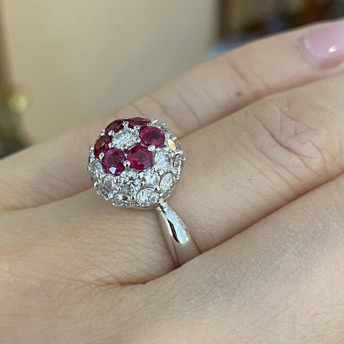 Diamond and Ruby Pave Flower Ball Ring in Platinum