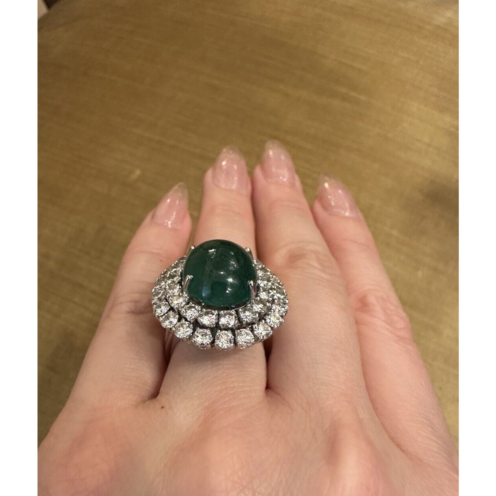 GIA 11.67 ct Natural Emerald Cabochon & Diamond Ring in 18k White Gold - HM2402