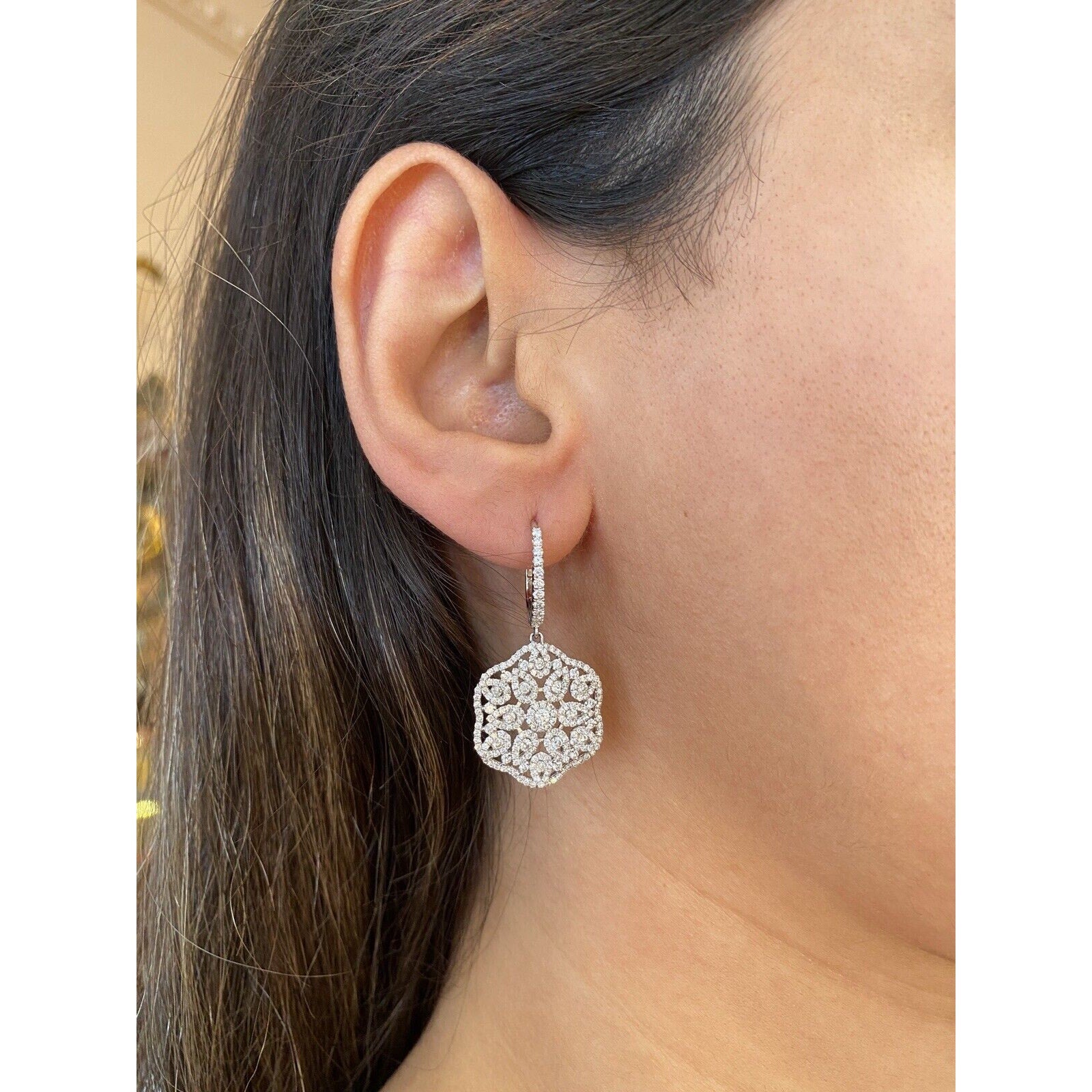 Diamond Floral Dangle/Drop Earrings 2.45 cttw in 18k White Gold