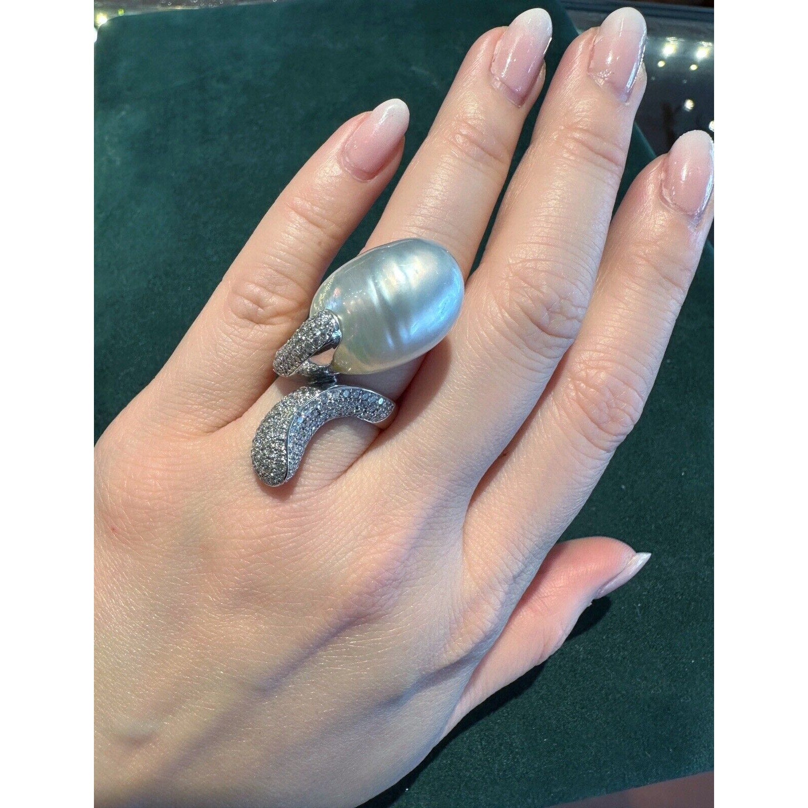 Large Baroque Pearl & Diamond Crossover Cocktail Ring in 18k White Gold