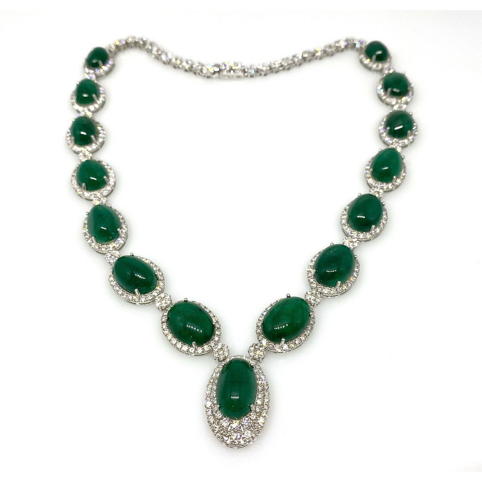 Cabochon Emerald and Diamond Necklace 100.00 cttw in 18k White Gold - HM2304AB