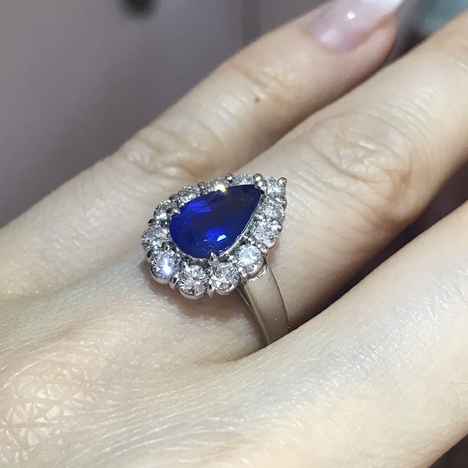 Cornflower Blue Pear Shaped Sapphire and Diamond Ring in Platinum